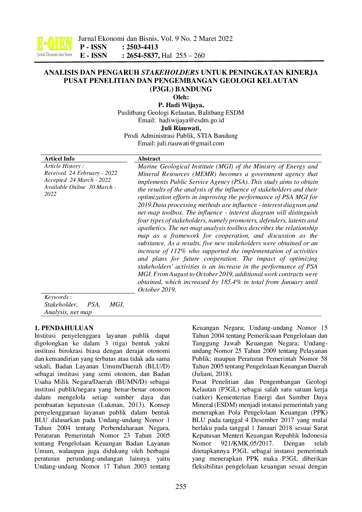 JURIS Analisis dan Pengaruh Stakeholders untuk Peningkatan Kinerja Pusat Penelitian dan Pengembangan Geologi Kelautan P3GL Bandung
