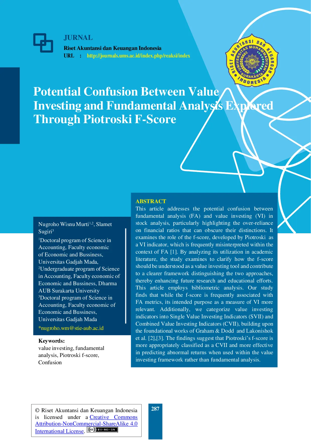 JURIS Potential Confusion Between Value Investing and Fundamental Analysis Explored Through Piotroski F Score