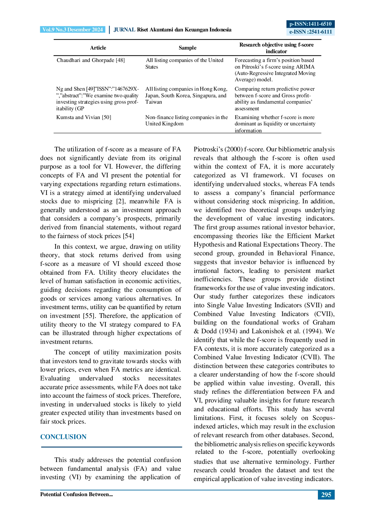 JURIS Potential Confusion Between Value Investing and Fundamental Analysis Explored Through Piotroski F Score