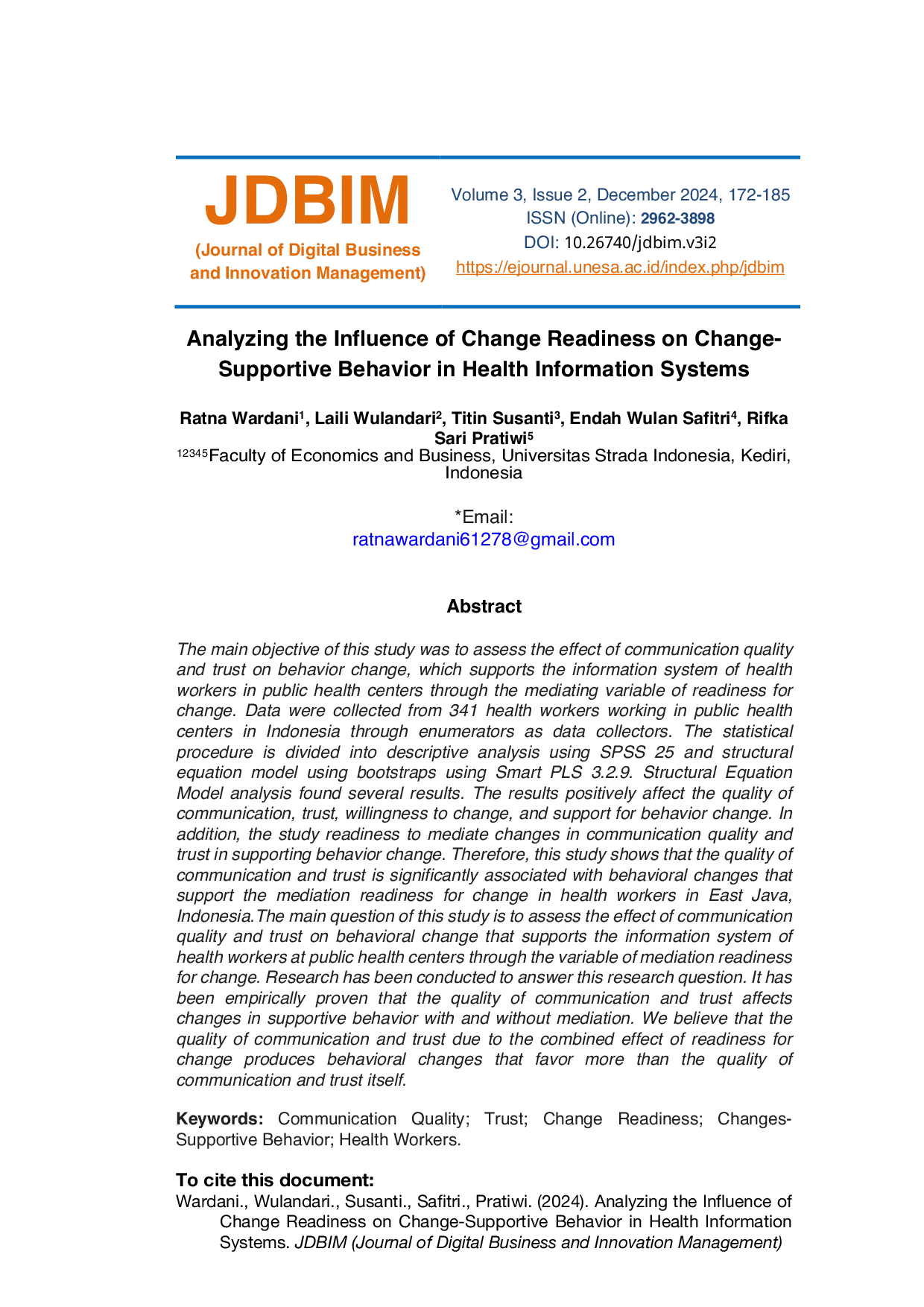 JURIS Analyzing the Influence of Change Readiness on Change Supportive Behavior in Health Information Systems