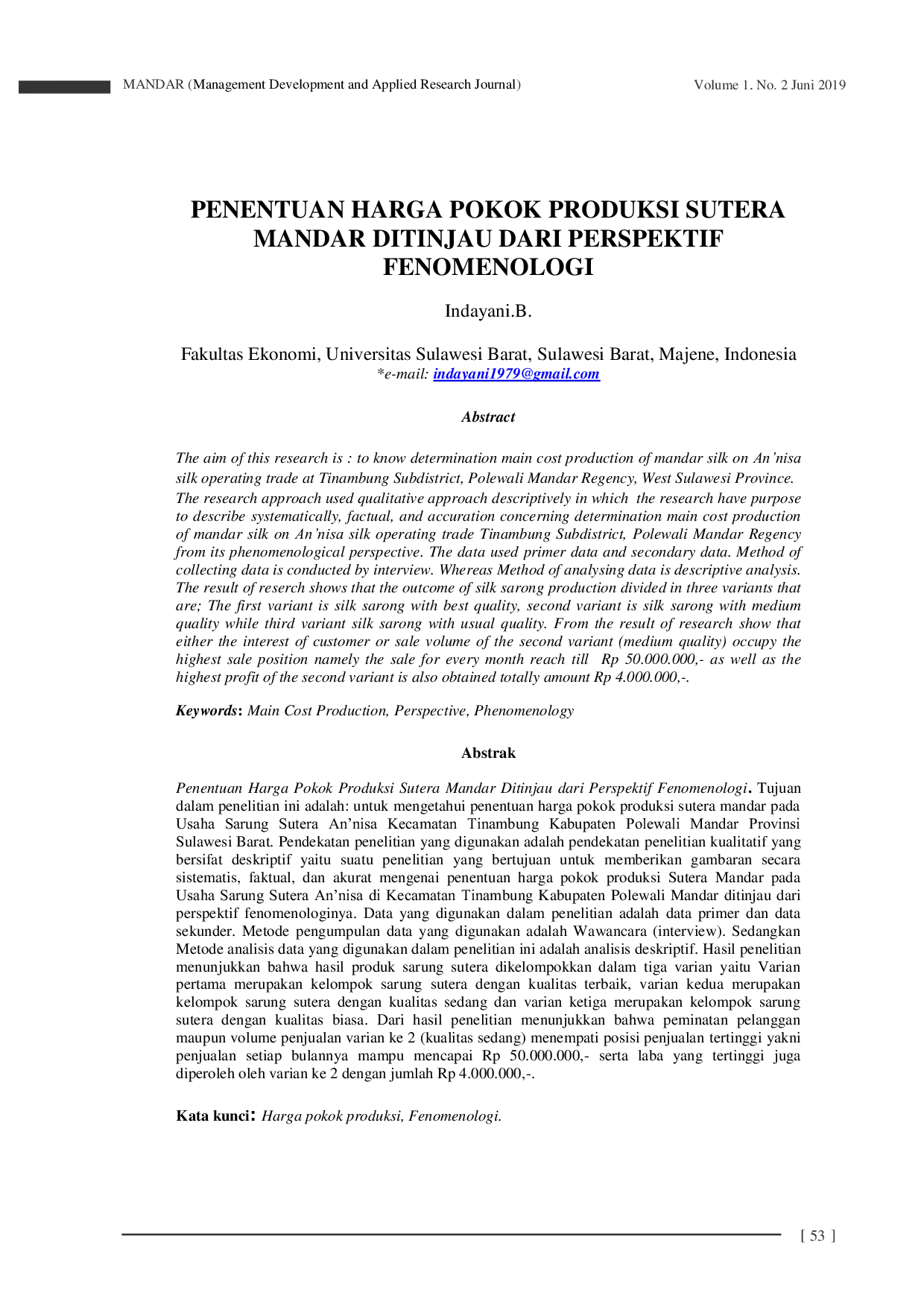 JURIS Penentuan Harga Pokok Produksi Sutera Mandar Ditinjau Dari Perspektif Fenomenologi