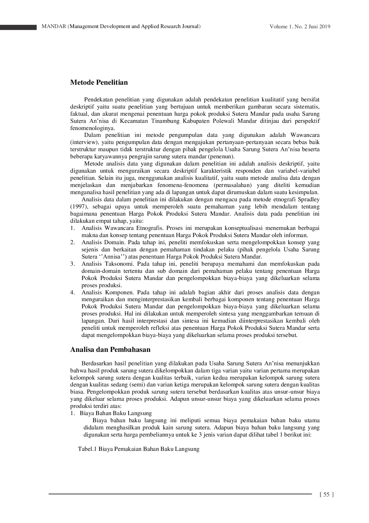 JURIS Penentuan Harga Pokok Produksi Sutera Mandar Ditinjau Dari Perspektif Fenomenologi