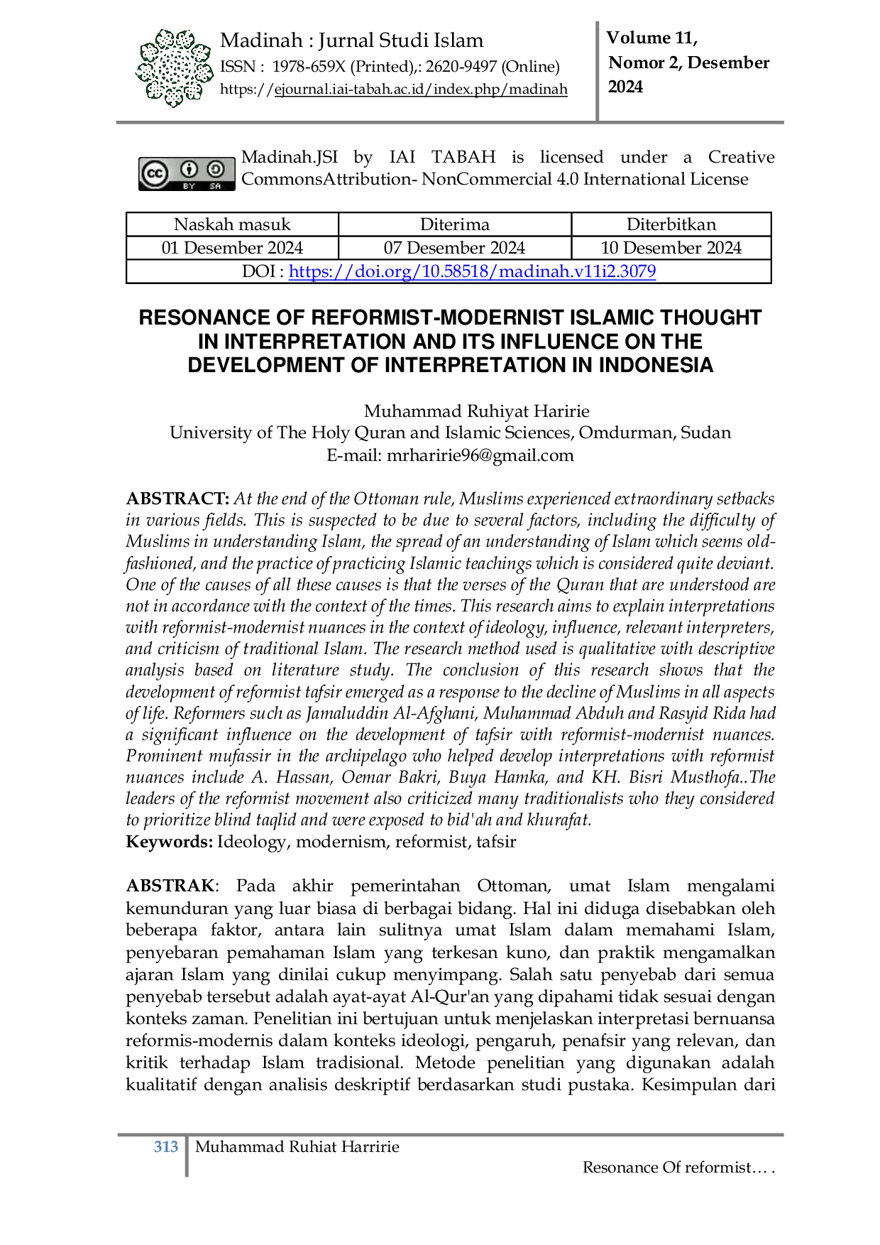 JURIS Resonance Of Reformist Modernist Islamic Thought in Interpretation and Its Influence on The Development of Interpretation in Indonesia