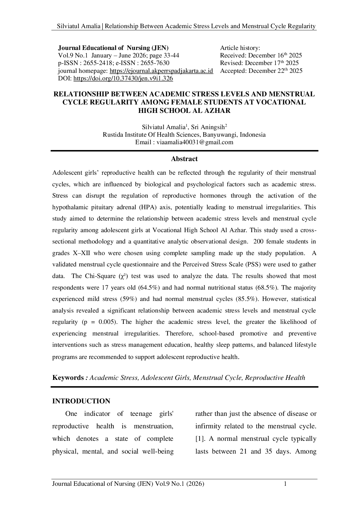 JURIS Relationship Between Academic Stress Levels And Menstrual Cycle Regularity Among Female Students At Vocational High School Al Azhar