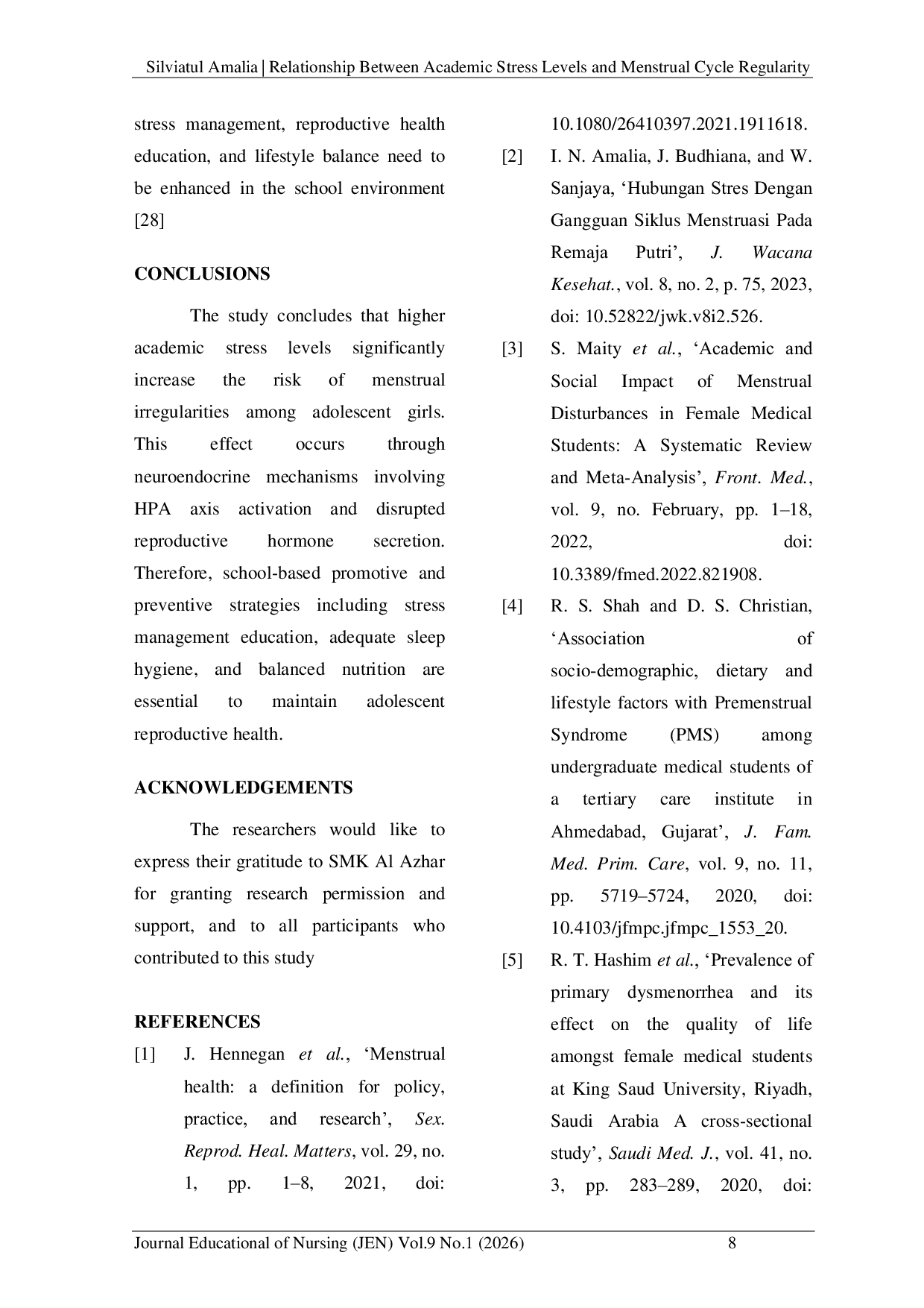 JURIS Relationship Between Academic Stress Levels And Menstrual Cycle Regularity Among Female Students At Vocational High School Al Azhar