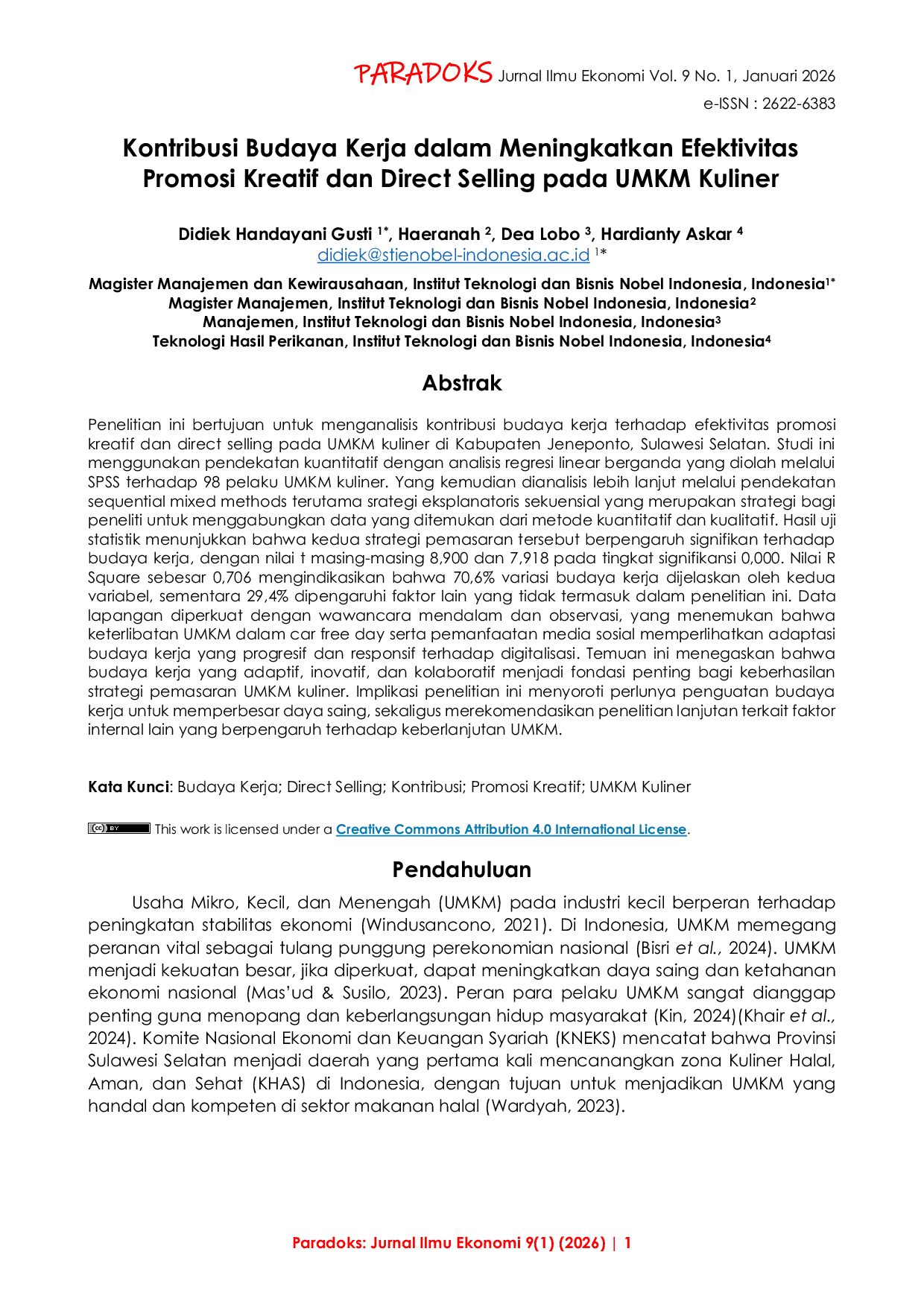 JURIS Kontribusi Budaya Kerja dalam Meningkatkan Efektivitas Promosi Kreatif dan Direct Selling pada UMKM Kuliner