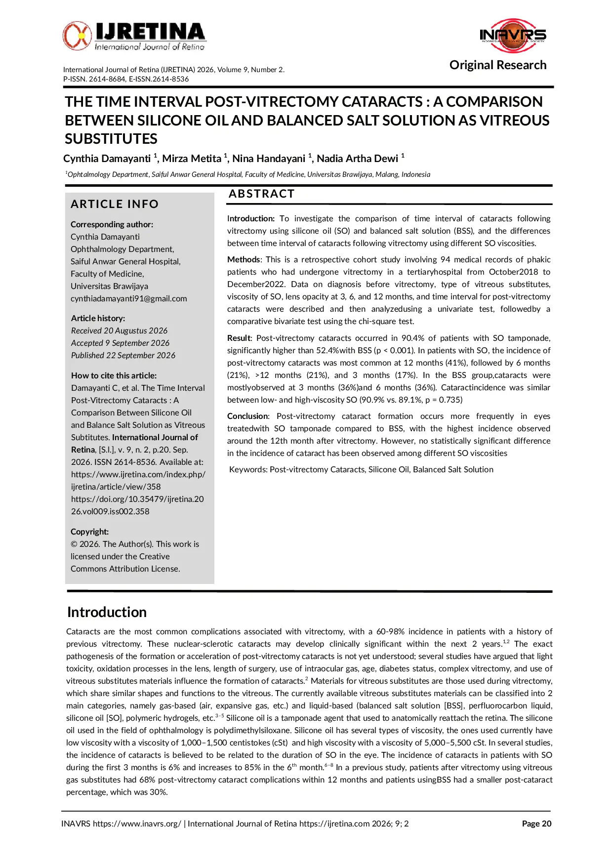 JURIS The Time Interval Post Vitrectomy Cataracts A Comparison Between Silicone Oil and Balanced Salt Solution as Vitreous Substitutes