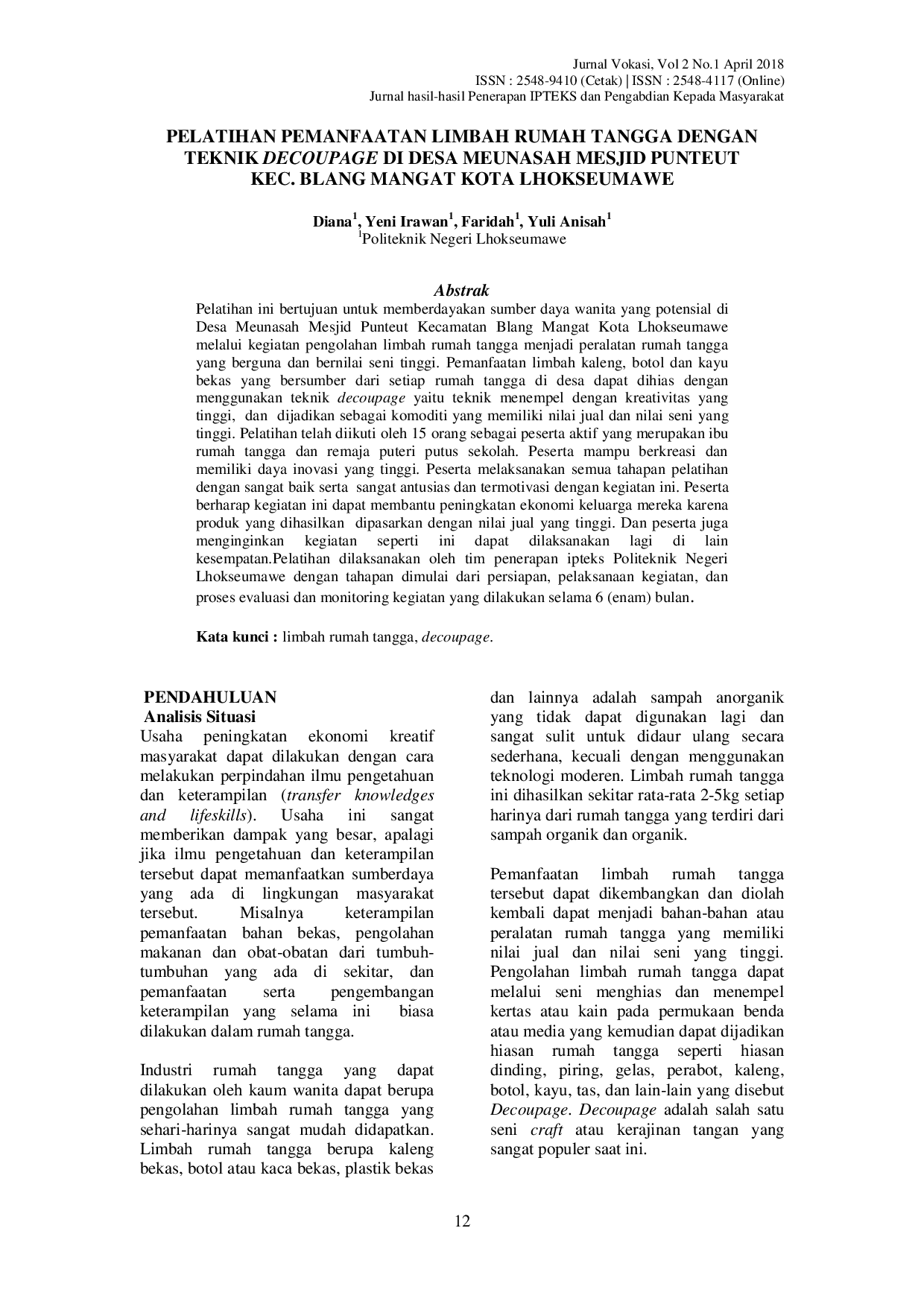JURIS Pelatihan Pemanfaatan Limbah Rumah Tangga Dengan Teknik Decoupage Di Desa Meunasah Mesjid Punteut Kec Blang Mangat Kota Lhokseumawe