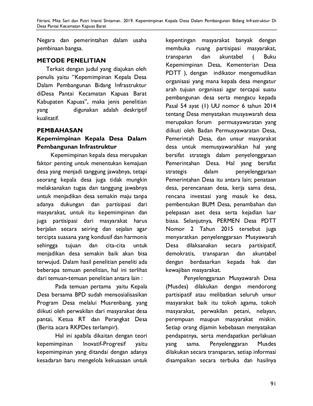 JURIS Kepemimpinan Kepala Desa dalam Pembangunan Bidang Infrastruktur di Desa Pantai Kecamatan Kapuas Barat