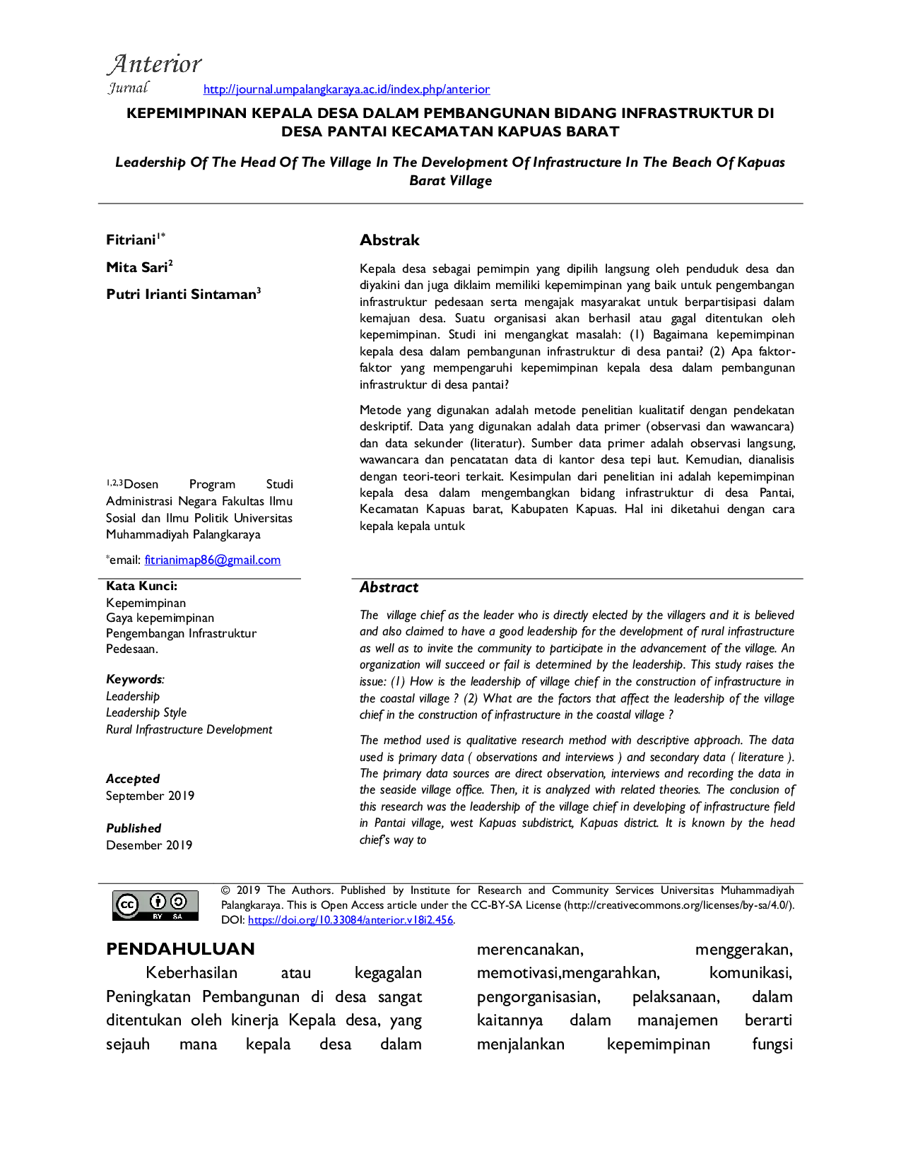 JURIS Kepemimpinan Kepala Desa dalam Pembangunan Bidang Infrastruktur di Desa Pantai Kecamatan Kapuas Barat