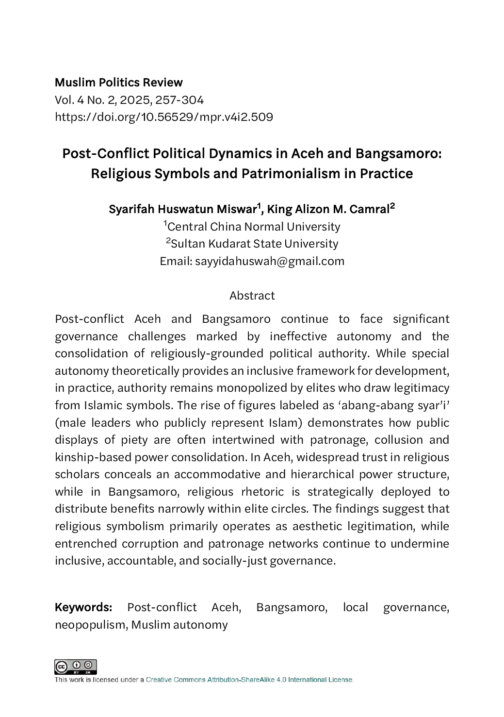 JURIS Post Conflict Political Dynamics in Aceh and Bangsamoro Religious Symbols and Patrimonialism in Practice