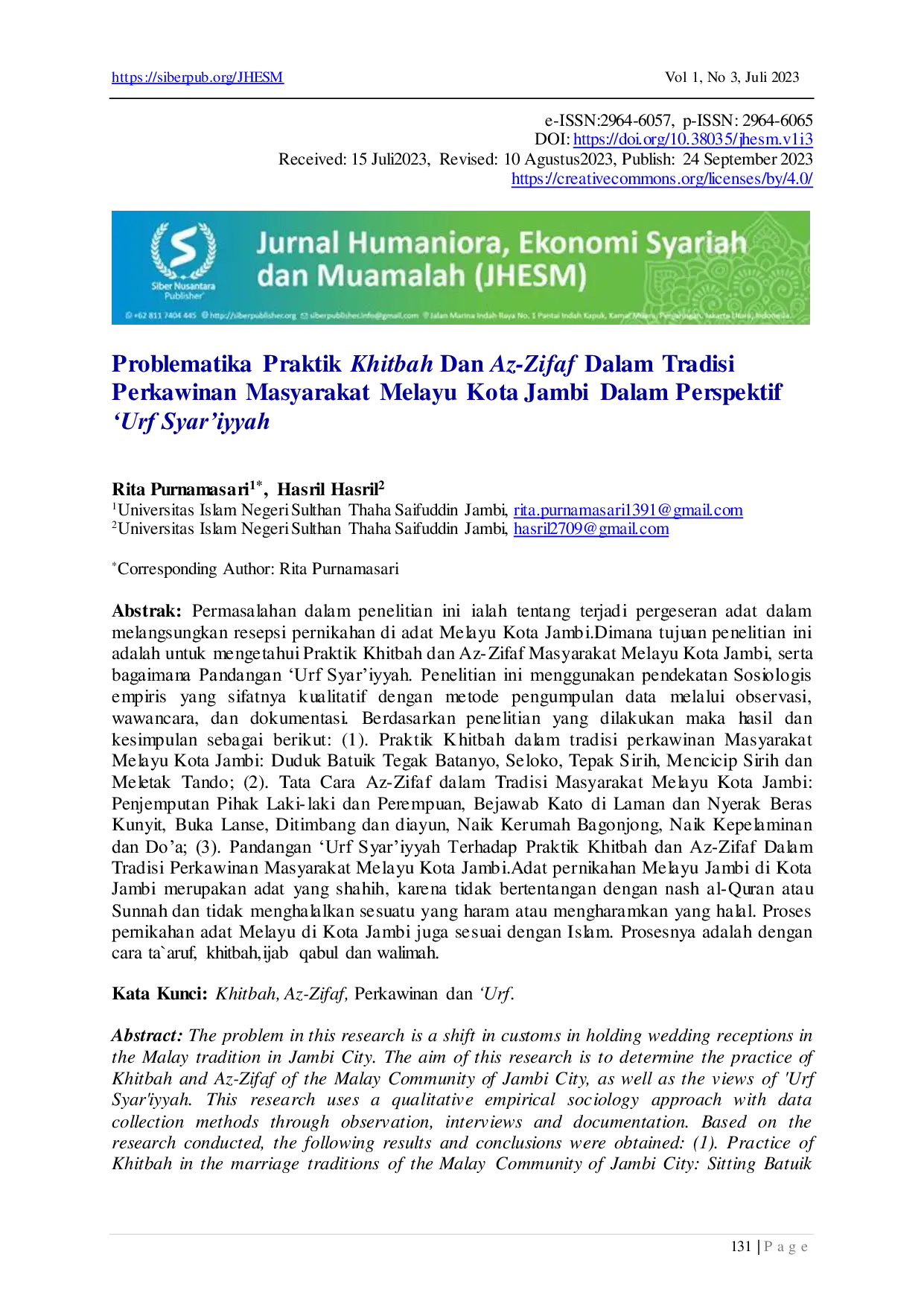 JURIS Problematika Praktik Khitbah Dan Az Zifaf Dalam Tradisi Perkawinan Masyarakat Melayu Kota Jambi Dalam Perspektif Urf Syar iyyah