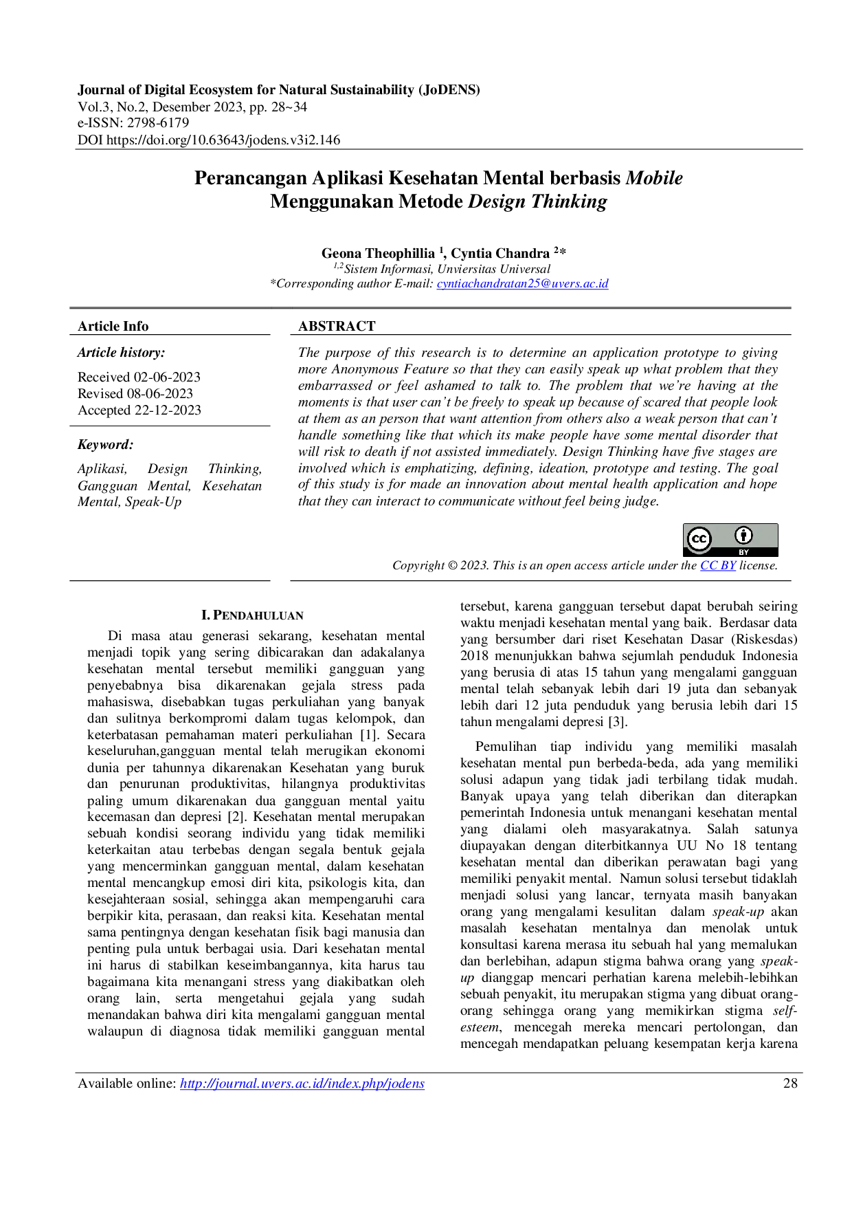 JURIS Perancangan Aplikasi Kesehatan Mental Berbasis Mobile Menggunakan Metode Design Thinking