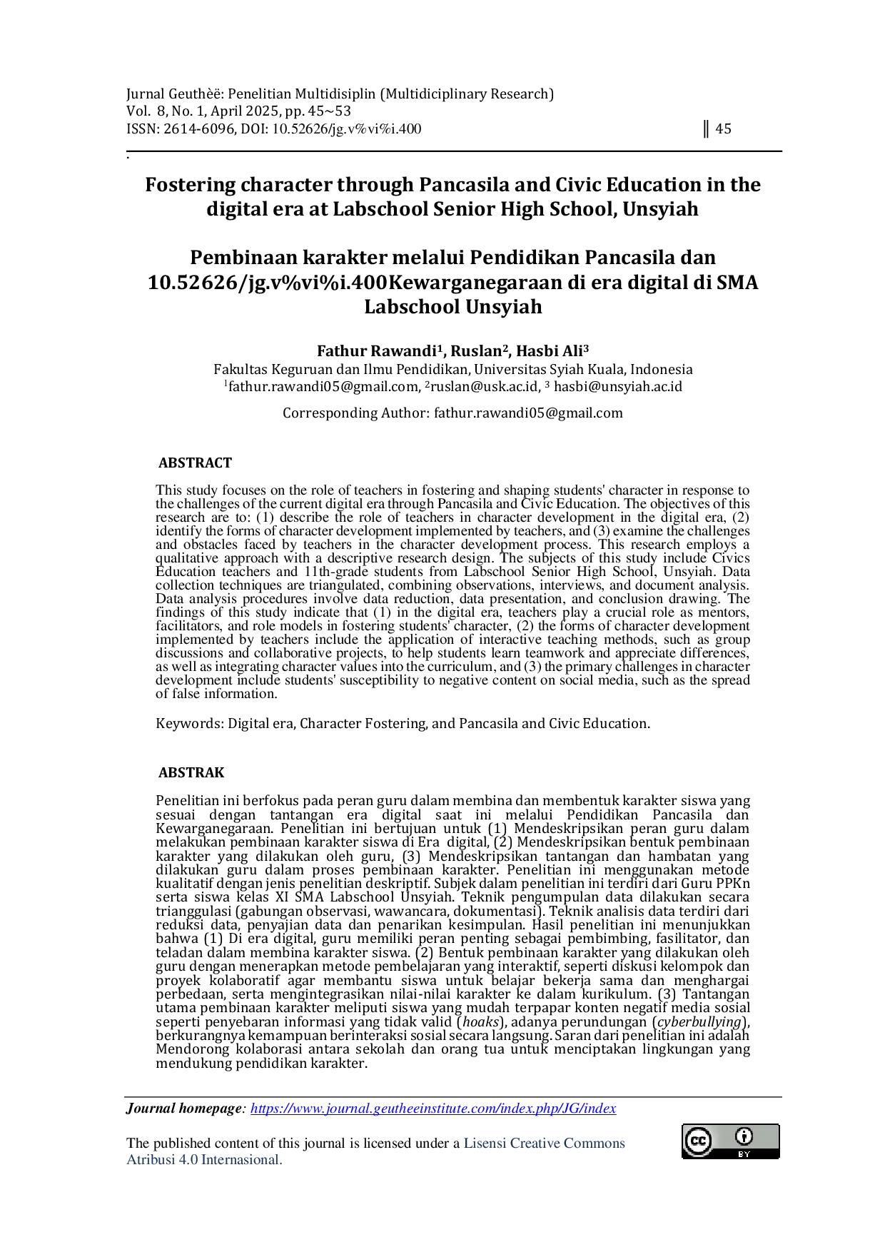 JURIS Fostering character through Pancasila and Civic Education in the digital era at Labschool Senior High School Unsyiah