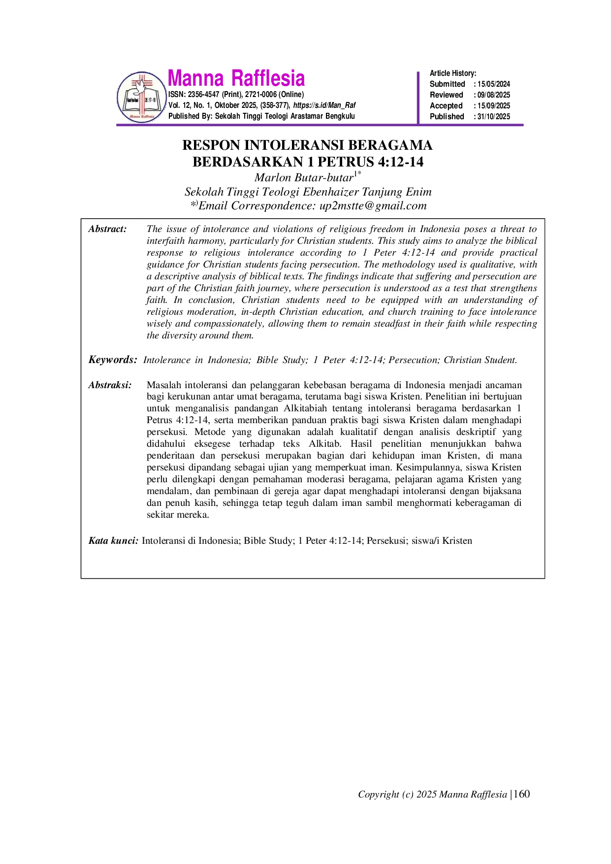 JURIS Respon Intoleransi Beragama Berdasarkan 1 Petrus 4 12 14