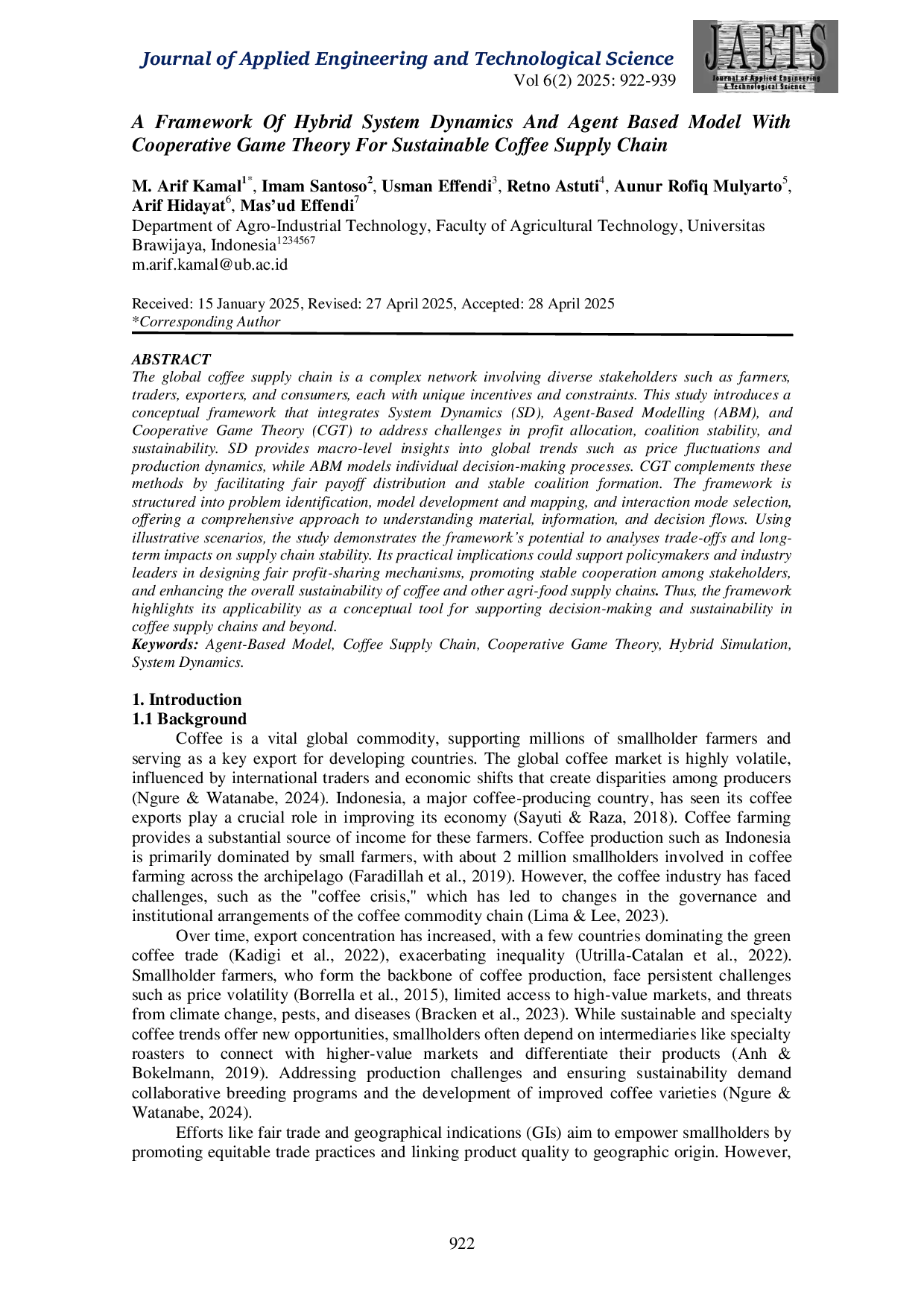JURIS A Framework of Hybrid System Dynamics and Agent Based Model With Cooperative Game Theory for Sustainable Coffee Supply Chain