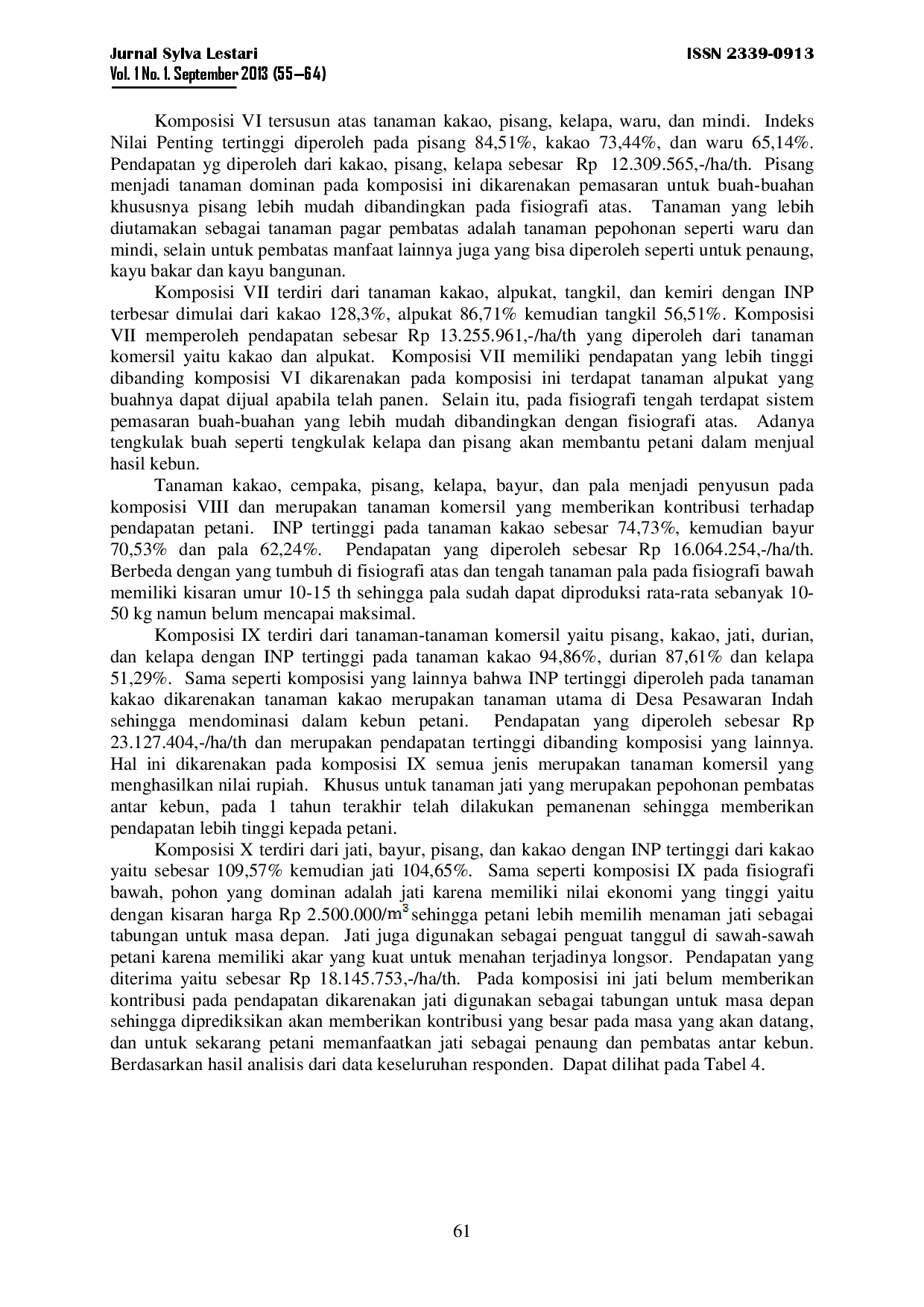 juris Komposisi Tanaman Agroforestri Dan Kontribusinya Terhadap Pendapatan Rumah Tangga Di Desa Pesawaran Indah Kabupaten Pesawaran Lampung