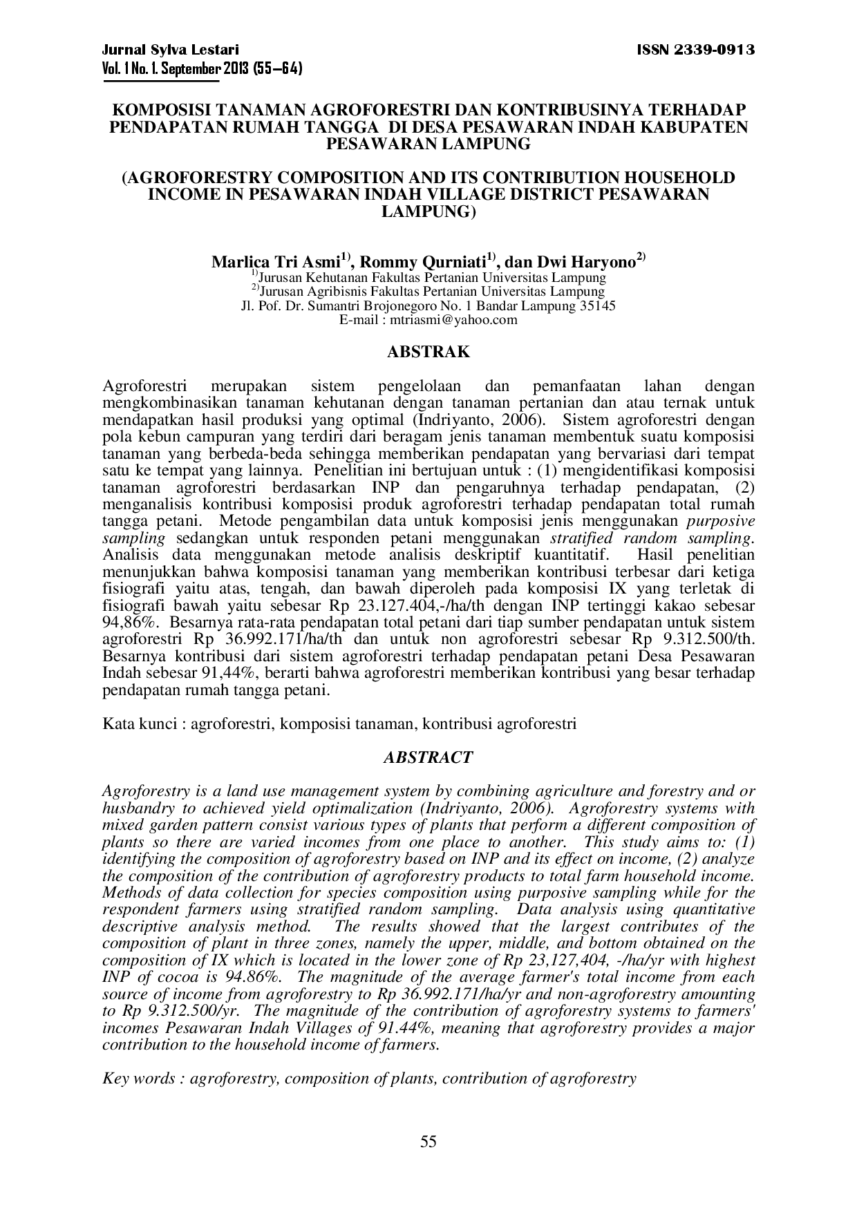juris Komposisi Tanaman Agroforestri Dan Kontribusinya Terhadap Pendapatan Rumah Tangga Di Desa Pesawaran Indah Kabupaten Pesawaran Lampung