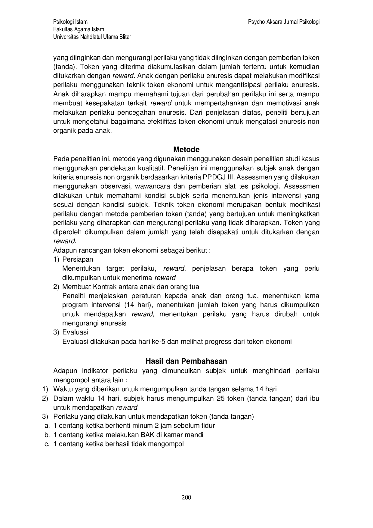 JURIS Token Ekonomi Untuk Mengatasi Enuresis Non Organik Pada Anak