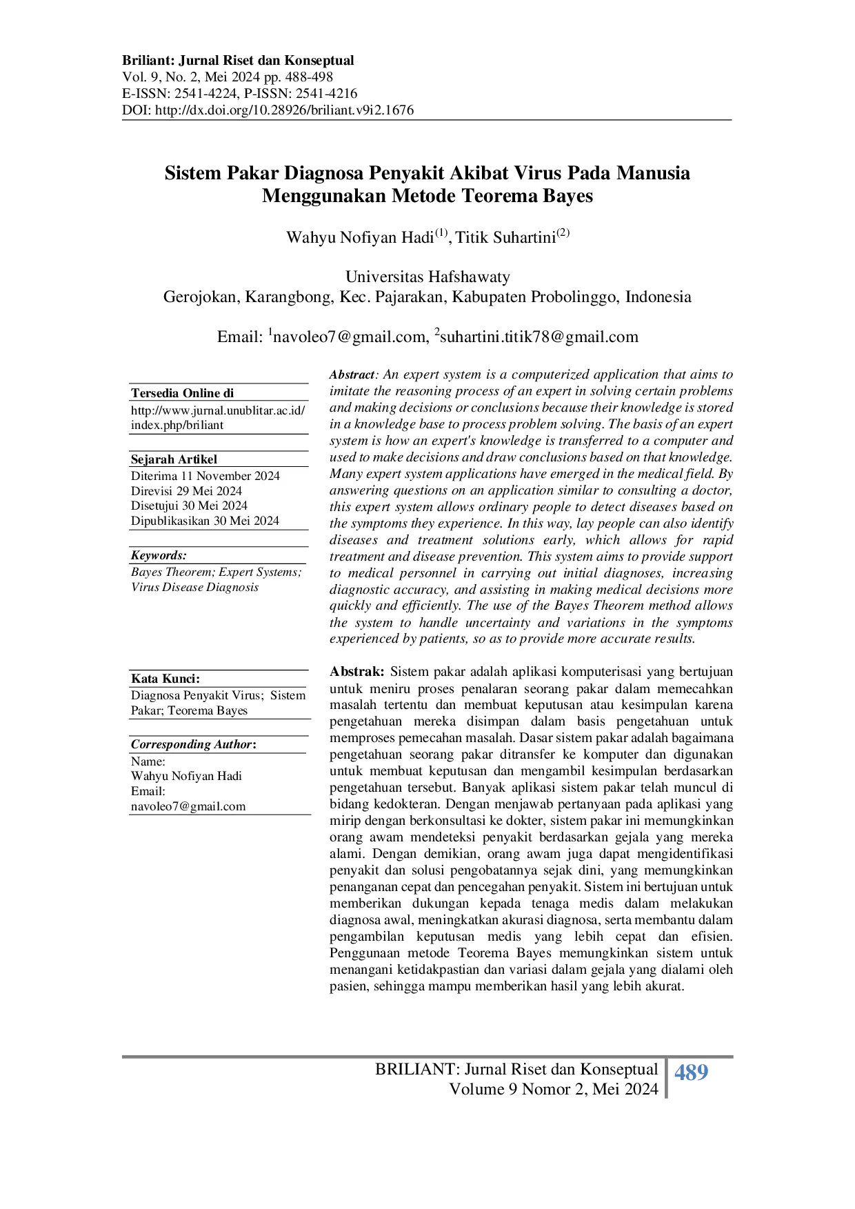 JURIS Sistem Pakar Diagnosa Penyakit Akibat Virus Pada Manusia Menggunakan Metode Teorema Bayes