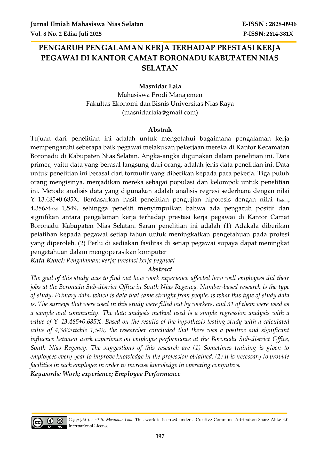 JURIS Pengaruh Pengalaman Kerja Terhadap Prestasi Kerja Pegawai Di Kantor Camat Boronadu Kabupaten Nias Selatan