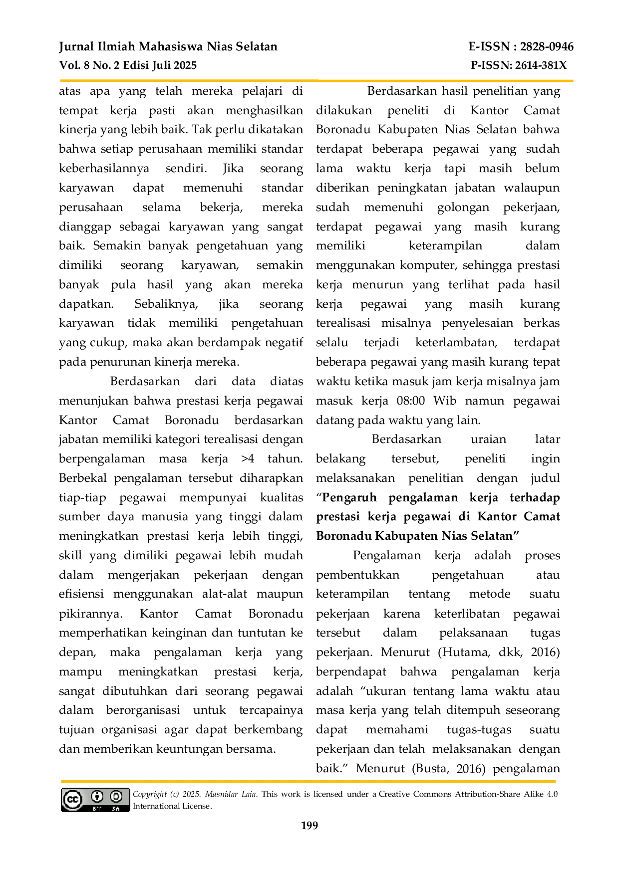 JURIS Pengaruh Pengalaman Kerja Terhadap Prestasi Kerja Pegawai Di Kantor Camat Boronadu Kabupaten Nias Selatan