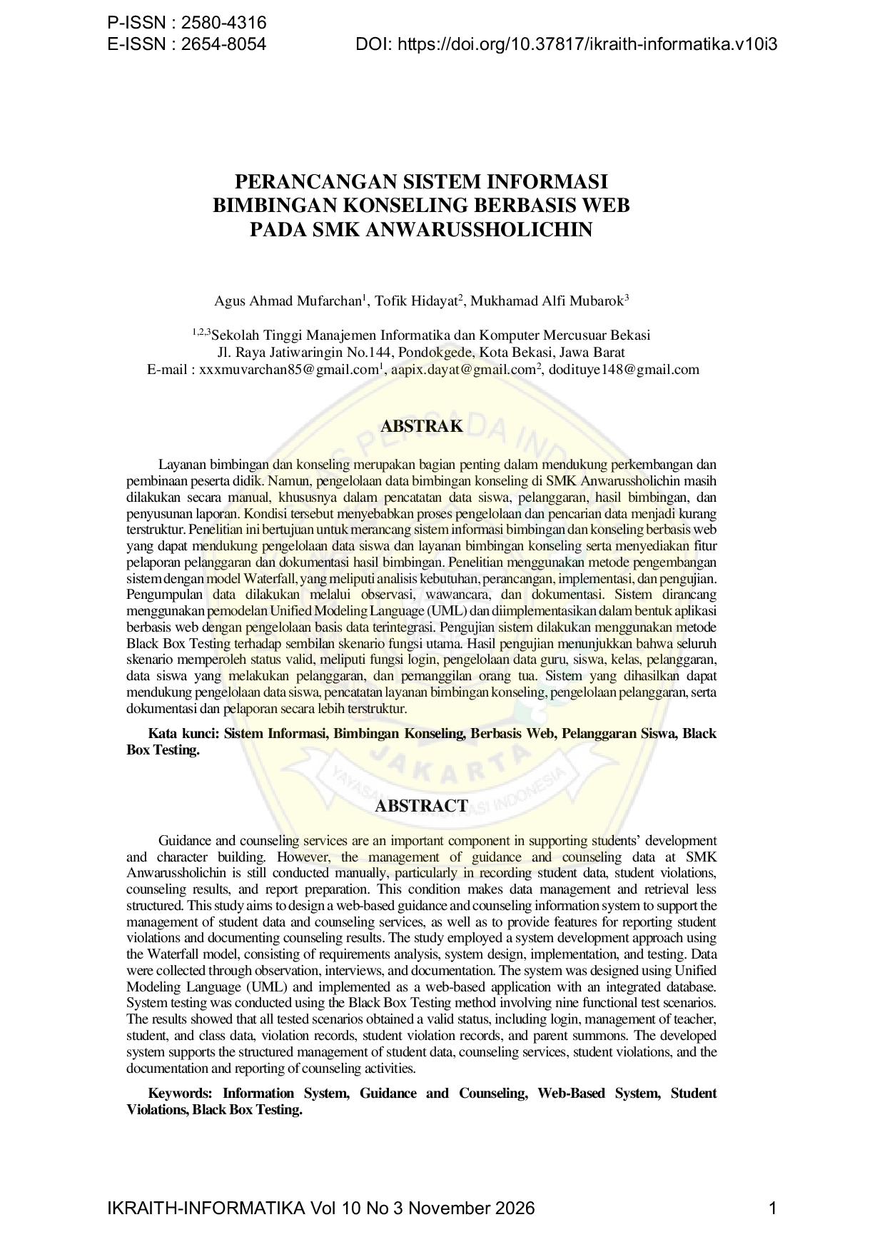 JURIS Perancangan Sistem Informasi Bimbingan Konseling Berbasis Web Pada SMK Anwarusholichin