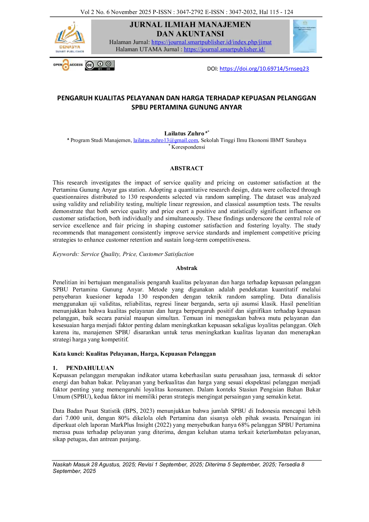 JURIS PENGARUH KUALITAS PELAYANAN DAN HARGA TERHADAP KEPUASAN PELANGGAN SPBU PERTAMINA GUNUNG ANYAR