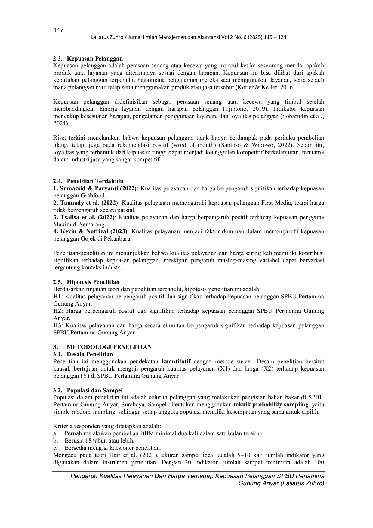 JURIS PENGARUH KUALITAS PELAYANAN DAN HARGA TERHADAP KEPUASAN PELANGGAN SPBU PERTAMINA GUNUNG ANYAR