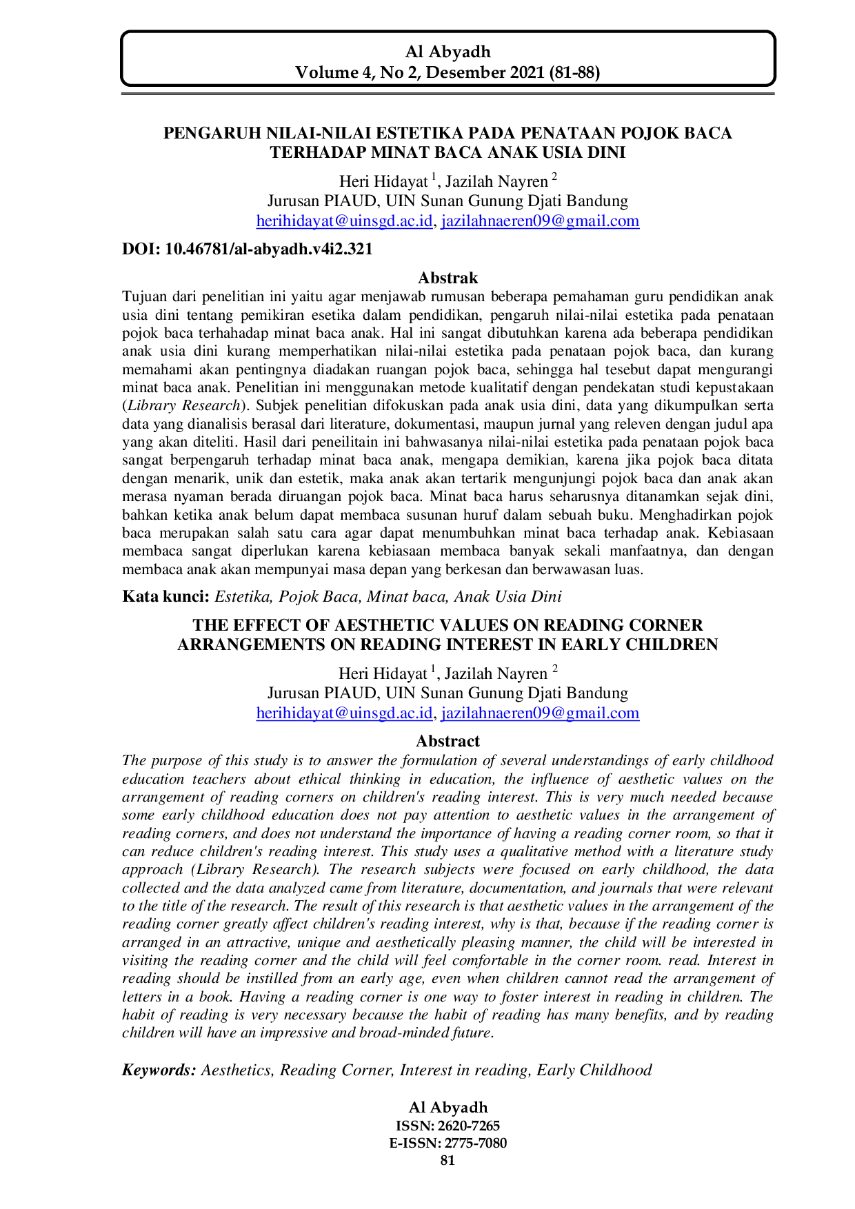 JURIS PENGARUH NILAI NILAI ESTETIKA PADA PENATAAN POJOK BACA TERHADAP MINAT BACA ANAK USIA DINI