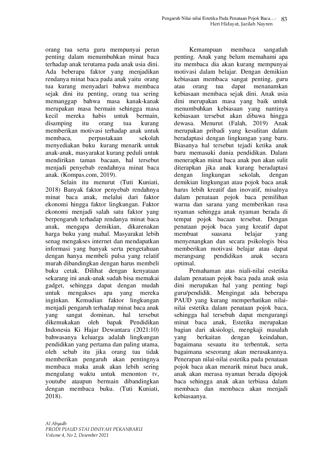 JURIS PENGARUH NILAI NILAI ESTETIKA PADA PENATAAN POJOK BACA TERHADAP MINAT BACA ANAK USIA DINI