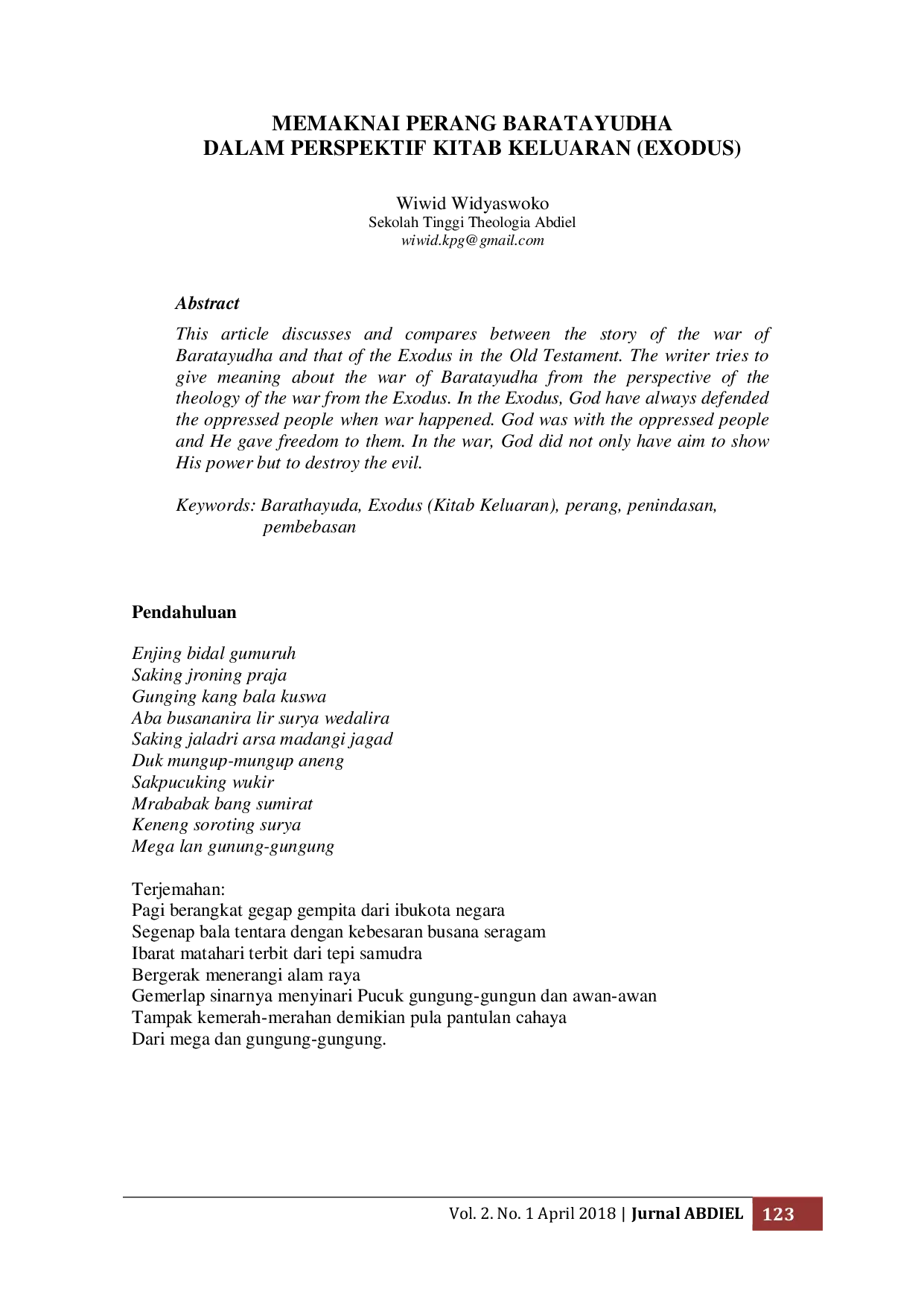 JURIS Memaknai Perang Baratayuda Dalam Perspektif Kitab Keluaran Exodus