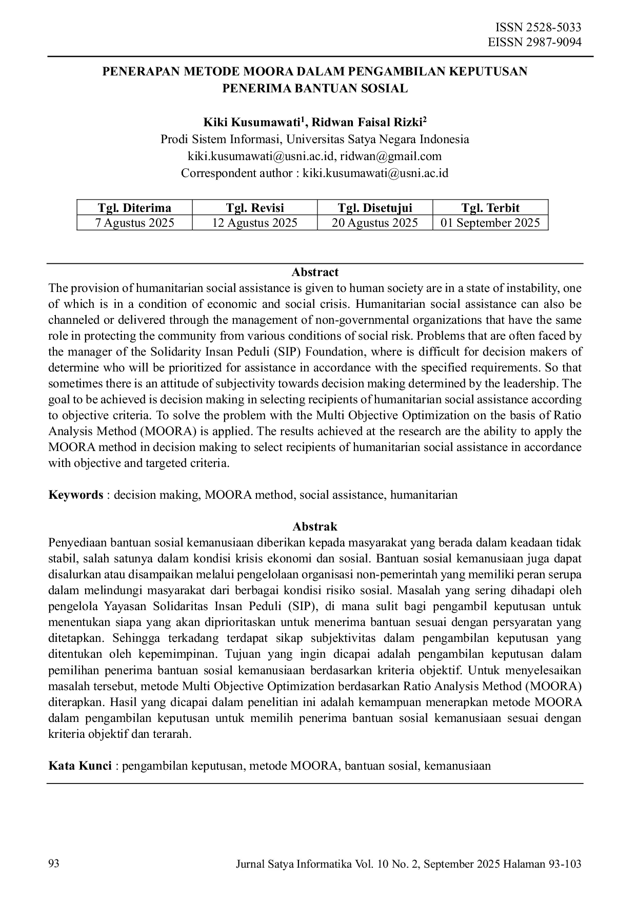 JURIS Penerapan Metode Moora Dalam Pengambilan Keputusan Penerima Bantuan Sosial