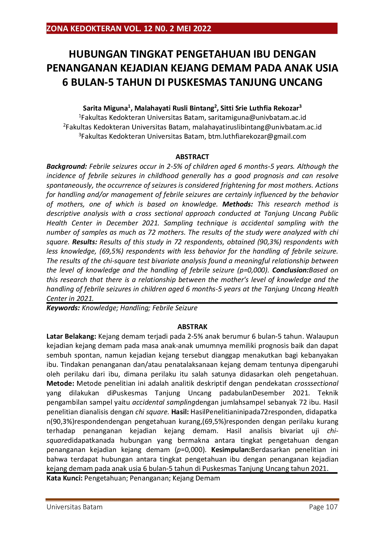 JURIS Hubungan Tingkat Pengetahuan Ibu dengan Penanganan Kejadian Kejang Demam pada Anak Usia 6 Bulan 5 Tahun di Puskesmas Tanjung Uncang