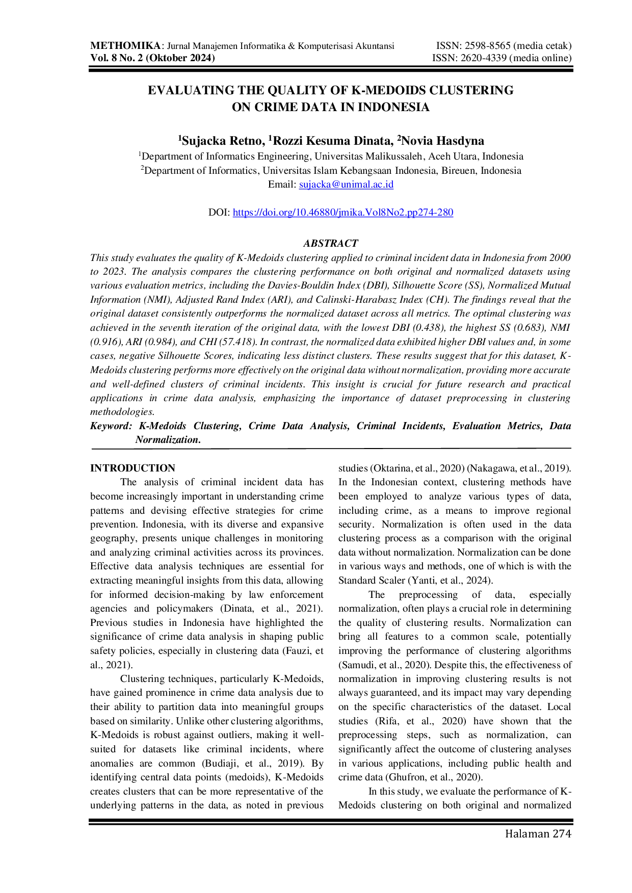 JURIS Evaluating The Quality Of K Medoids Clustering On Crime Data In Indonesia