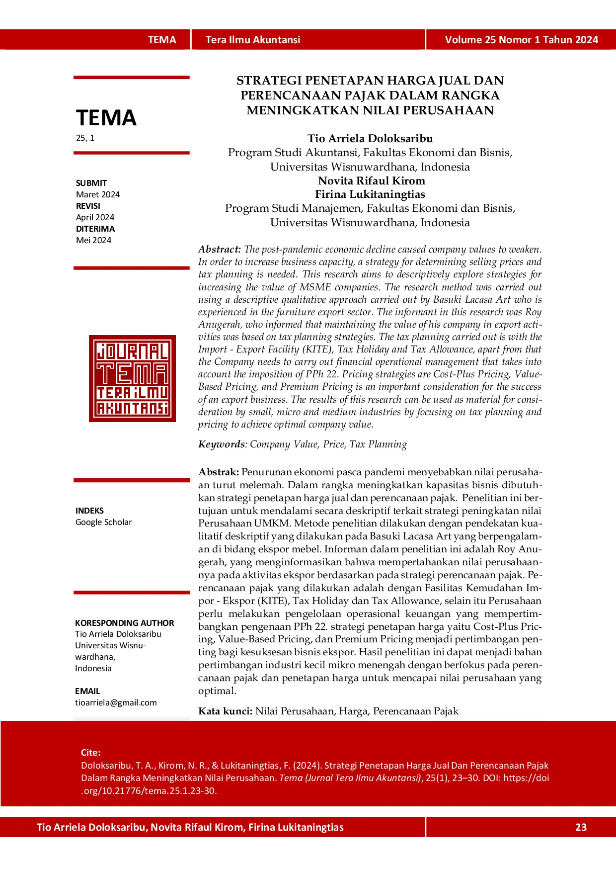 JURIS Strategi Penetapan Harga Jual Dan Perencanaan Pajak Dalam Rangka Meningkatkan Nilai Perusahaan