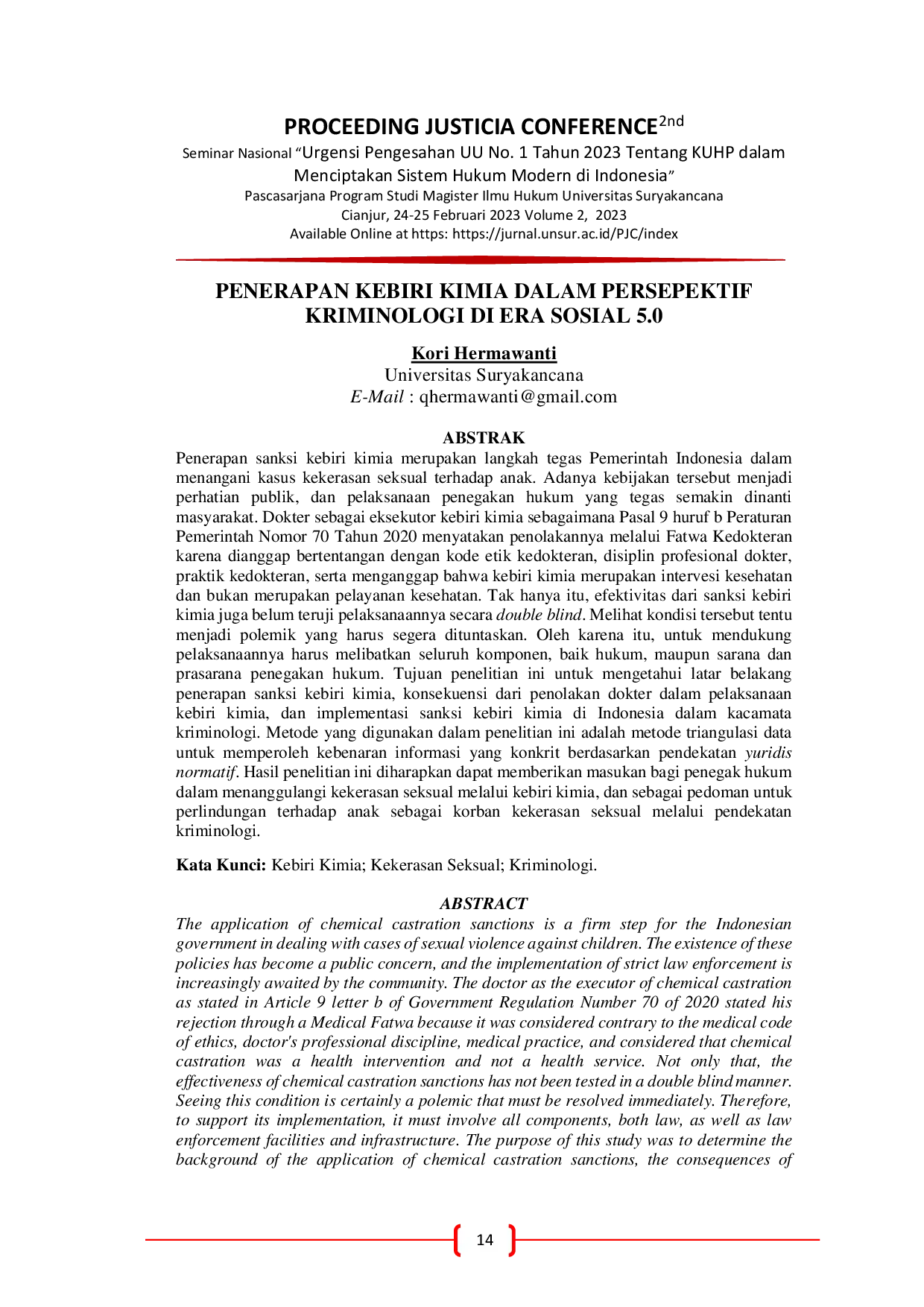 JURIS Penerapan Kebiri Kimia Dalam Persepektif Kriminologi Di Era Sosial 5 0