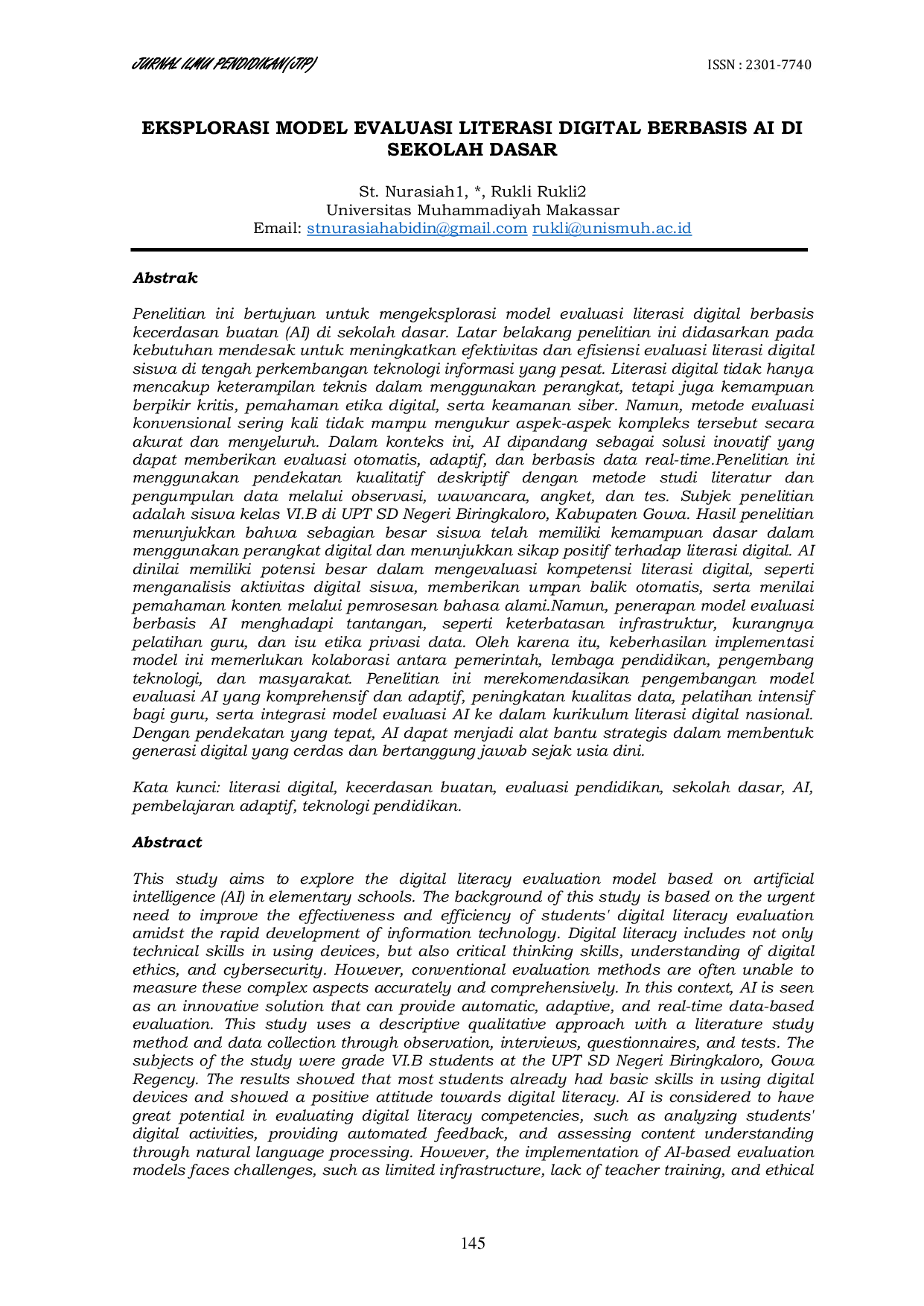 JURIS Exploration of AI Based Digital Literacy Evaluation Models in Elementary Schools