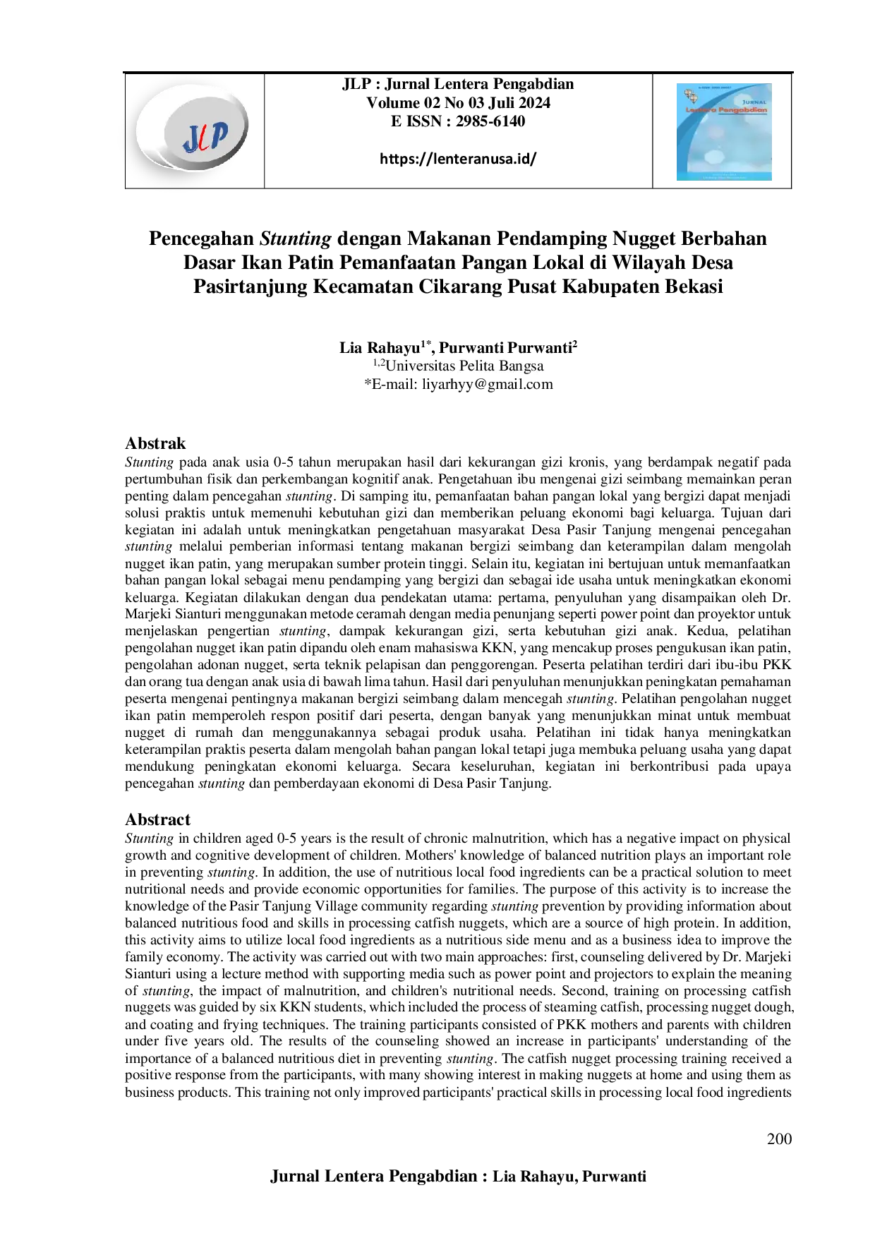 juris Pencegahan Stunting dengan Makanan Pendamping Nugget Berbahan Dasar Ikan Patin Pemanfaatan Pangan Lokal di Wilayah Desa Pasirtanjung Kecamatan Cikarang Pusat Kabupaten Bekasi