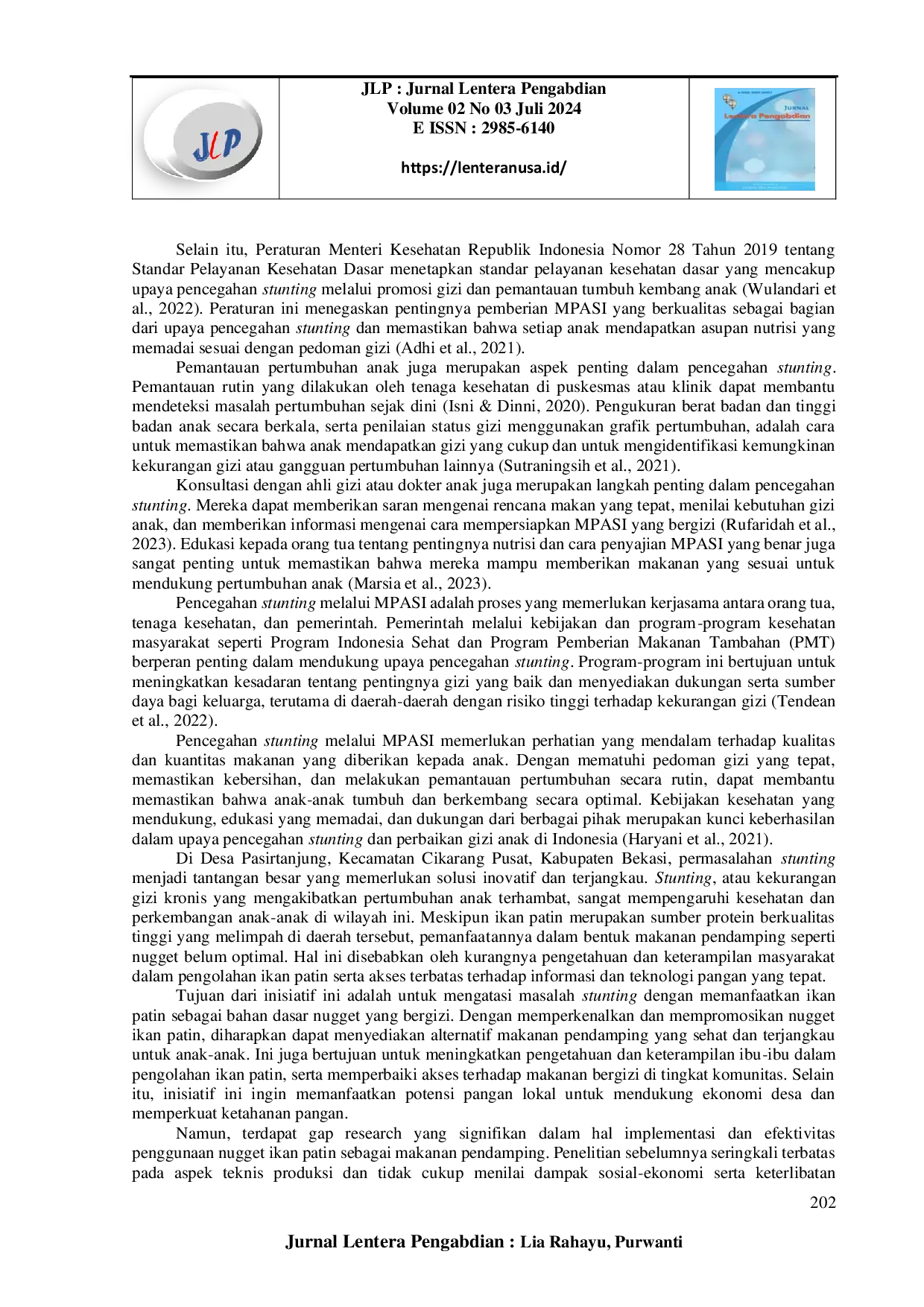 juris Pencegahan Stunting dengan Makanan Pendamping Nugget Berbahan Dasar Ikan Patin Pemanfaatan Pangan Lokal di Wilayah Desa Pasirtanjung Kecamatan Cikarang Pusat Kabupaten Bekasi