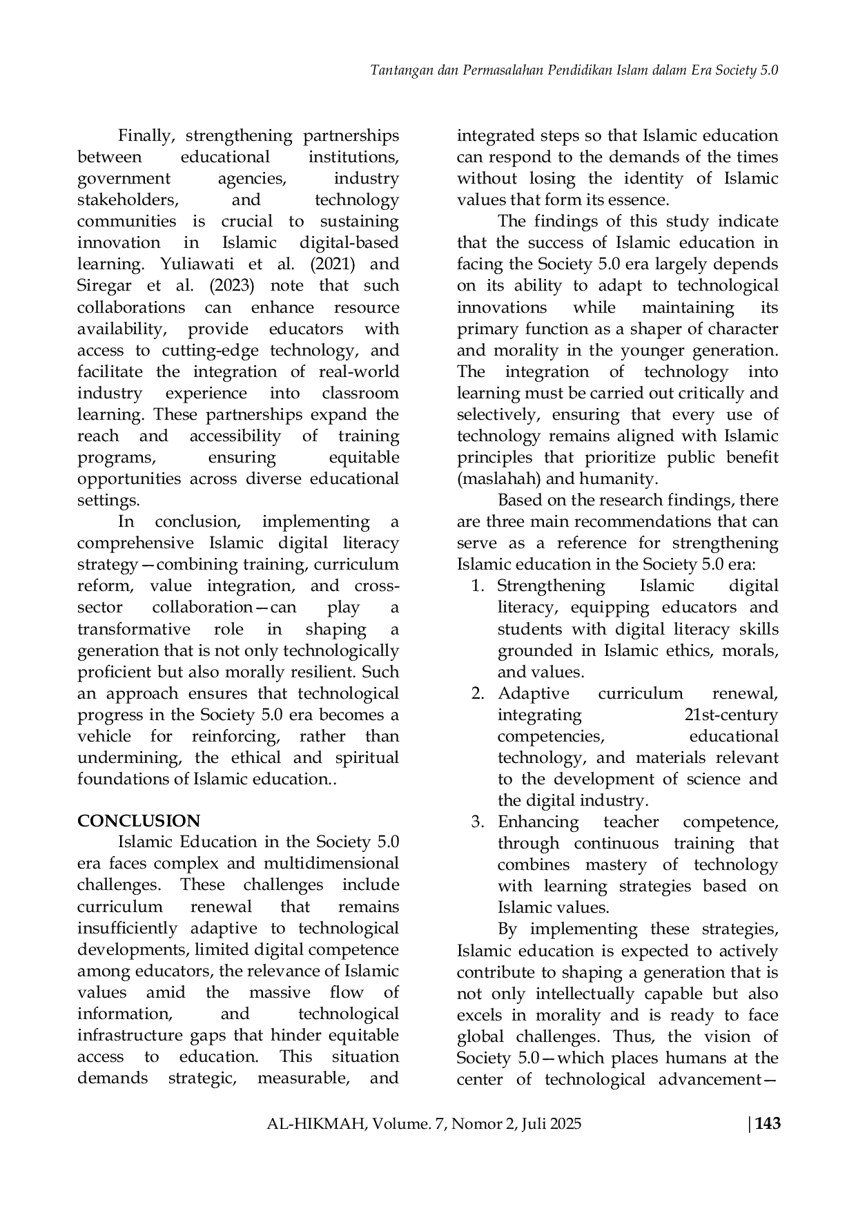 JURIS Challenges and Issues of Islamic Education in the Society 5 0 Era