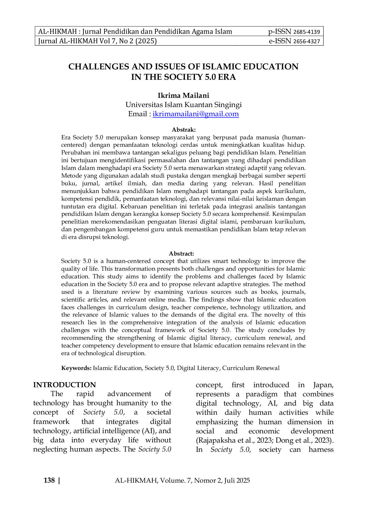 JURIS Challenges and Issues of Islamic Education in the Society 5 0 Era
