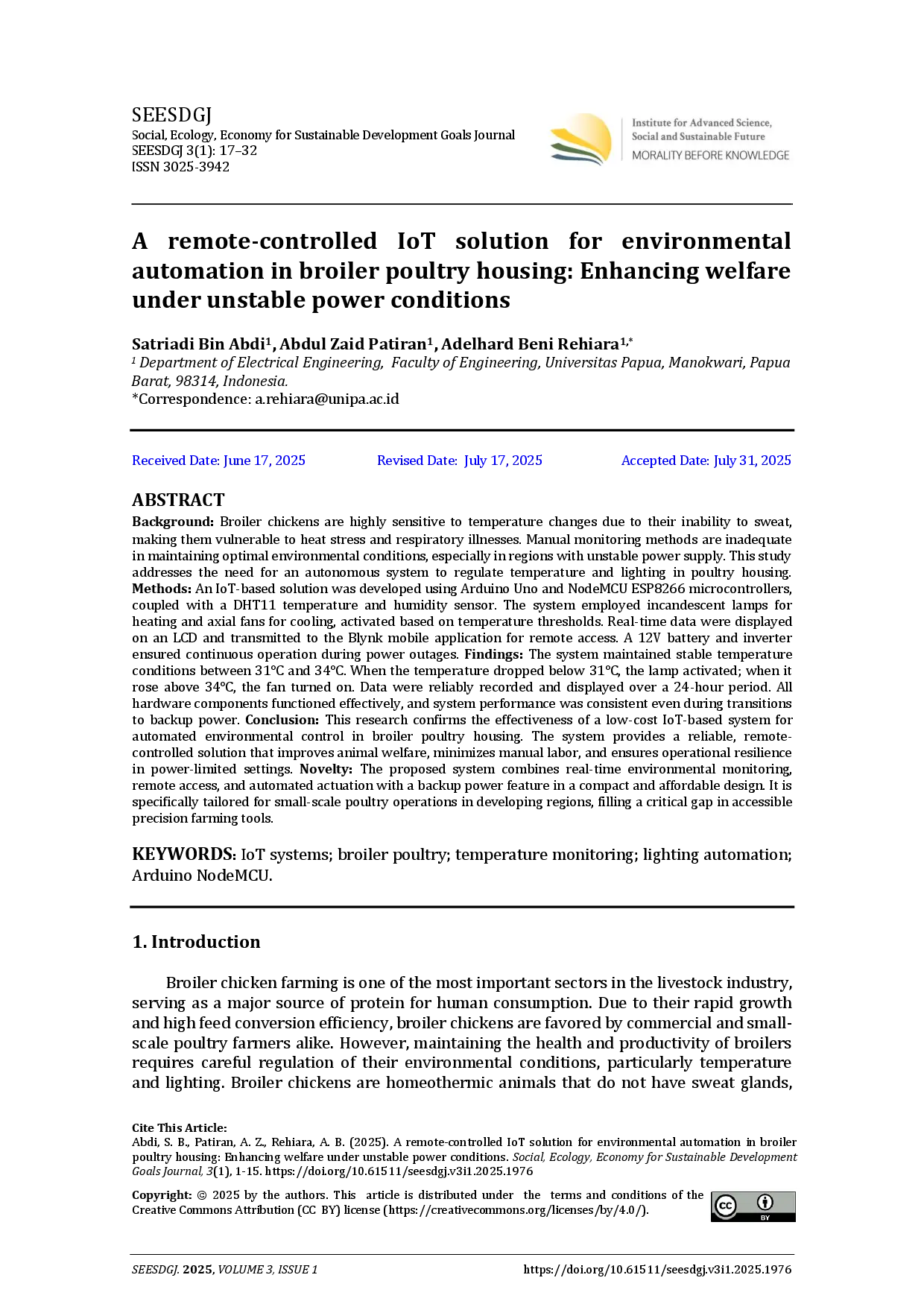 juris A remote controlled IoT solution for environmental automation in broiler poultry housing Enhancing welfare under unstable power conditions