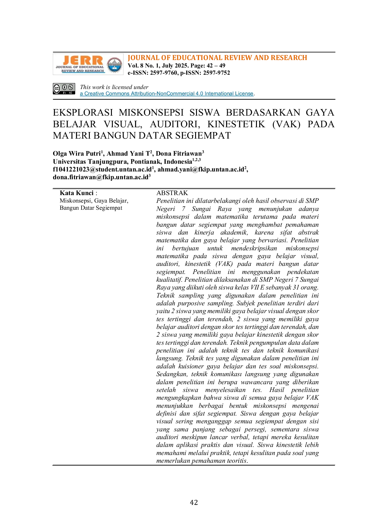JURIS Eksplorasi Miskonsepsi Siswa Berdasarkan Gaya Belajar Visual Auditori Kinestetik VAK Pada Materi Bangun Datar Segiempat