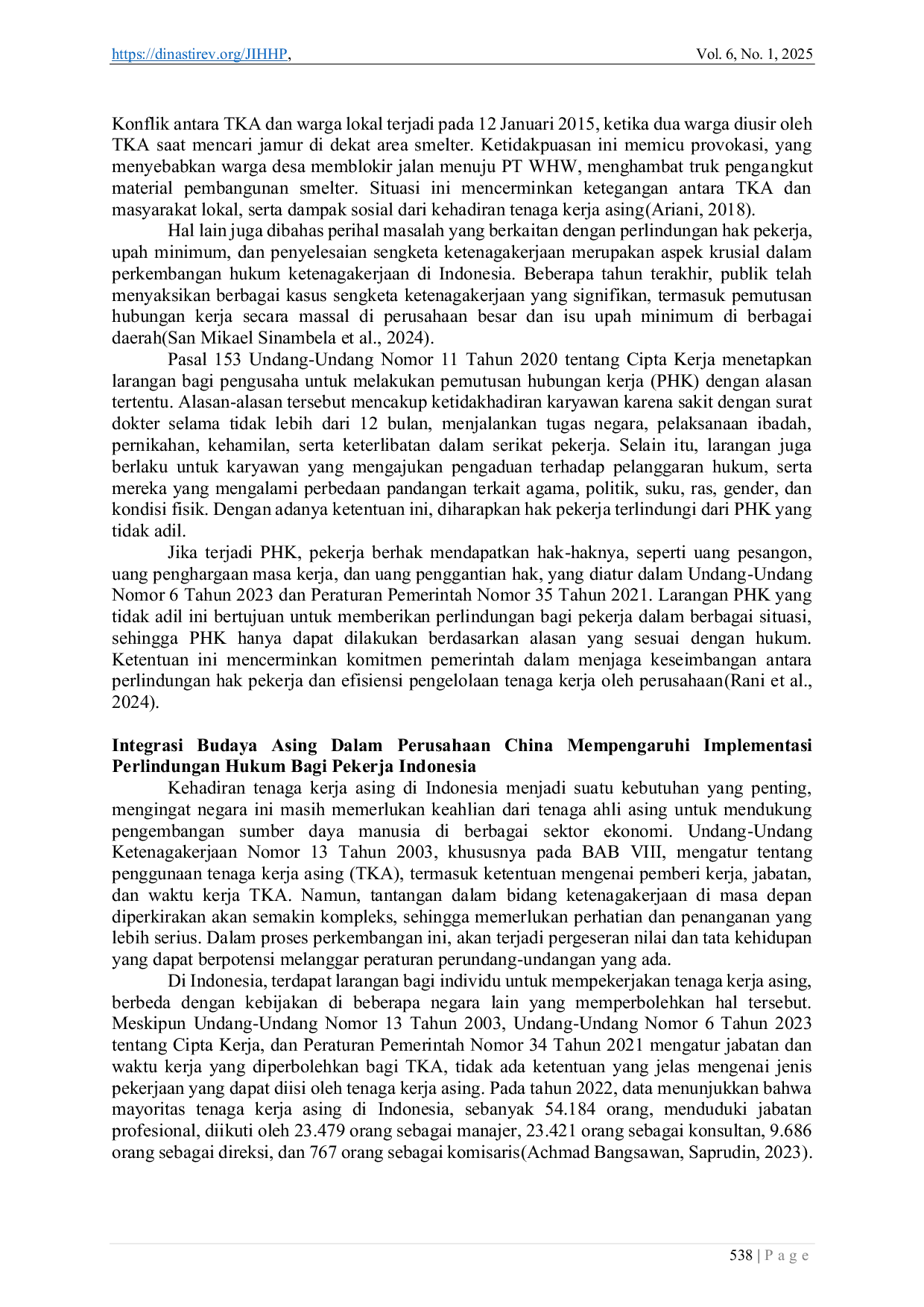 JURIS Perlindungan Hukum Pekerja Indonesia dalam Konteks Integrasi Budaya dan Norma Terhadap Tenaga Kerja Asing dari Perusahaan China di Indonesia