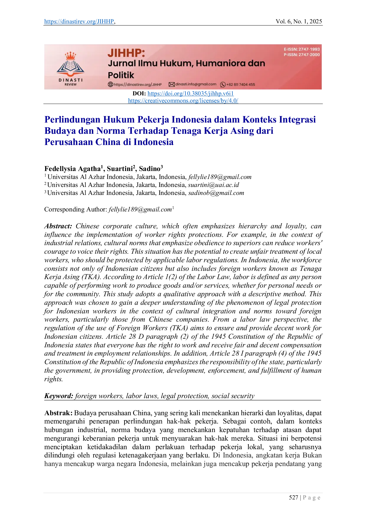 JURIS Perlindungan Hukum Pekerja Indonesia dalam Konteks Integrasi Budaya dan Norma Terhadap Tenaga Kerja Asing dari Perusahaan China di Indonesia