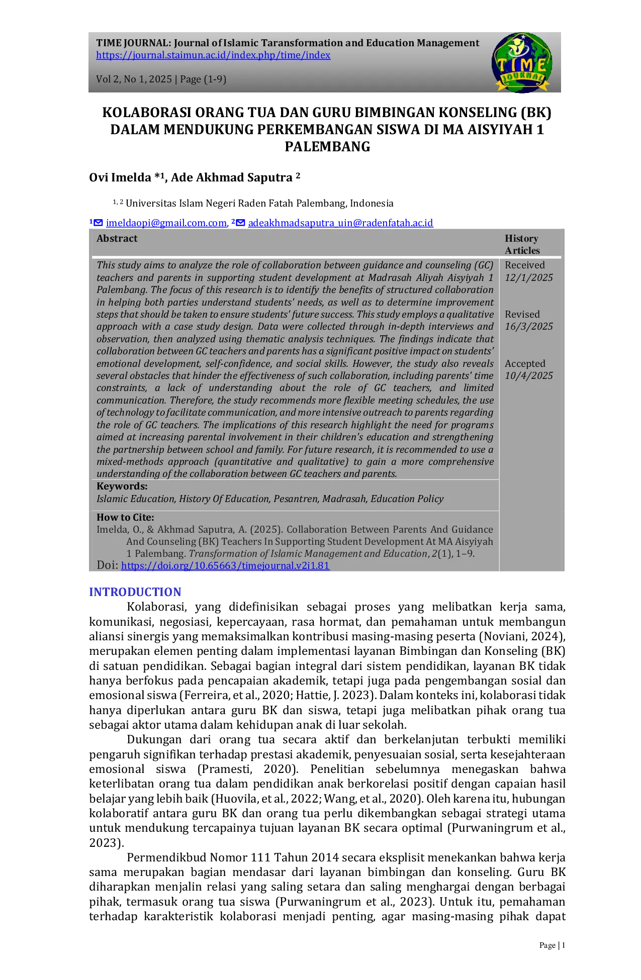 JURIS Collaboration Between Parents And Guidance And Counseling BK Teachers In Supporting Student Development At MA Aisyiyah 1 Palembang