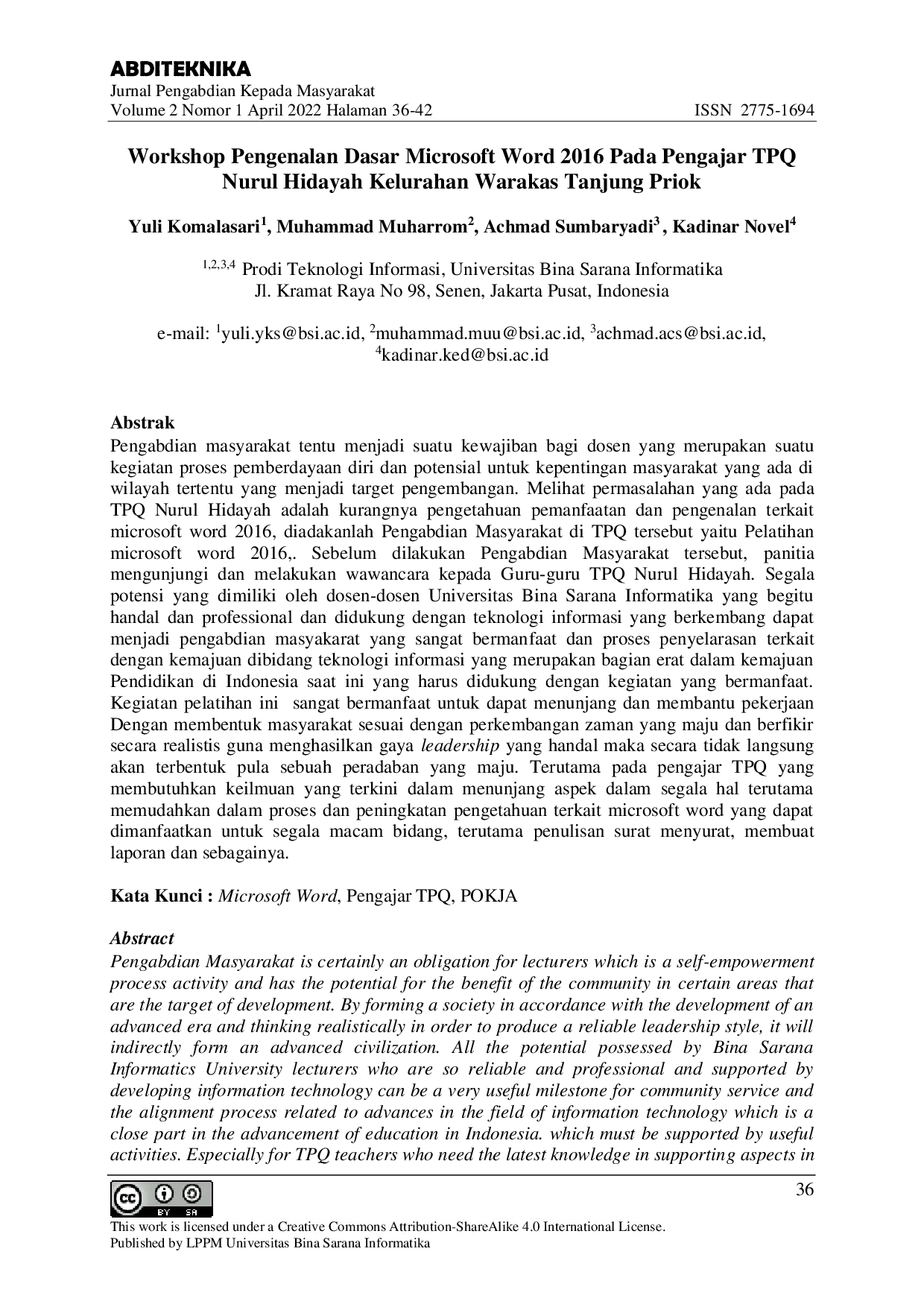 JURIS Workshop Pengenalan Dasar Microsoft Word 2016 Pada Pengajar TPQ Nurul Hidayah Kelurahan Warakas Tanjung Priok