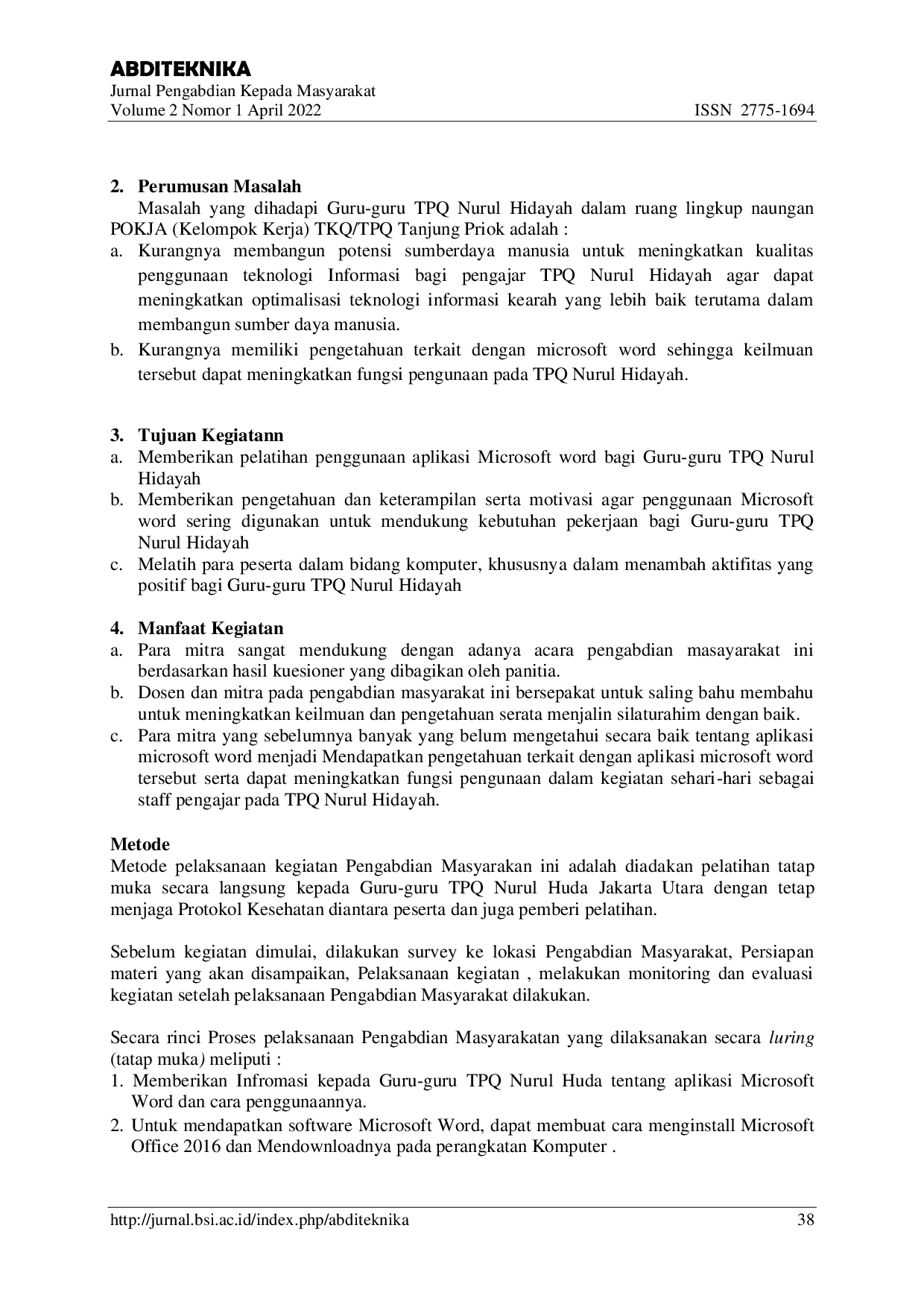 JURIS Workshop Pengenalan Dasar Microsoft Word 2016 Pada Pengajar TPQ Nurul Hidayah Kelurahan Warakas Tanjung Priok