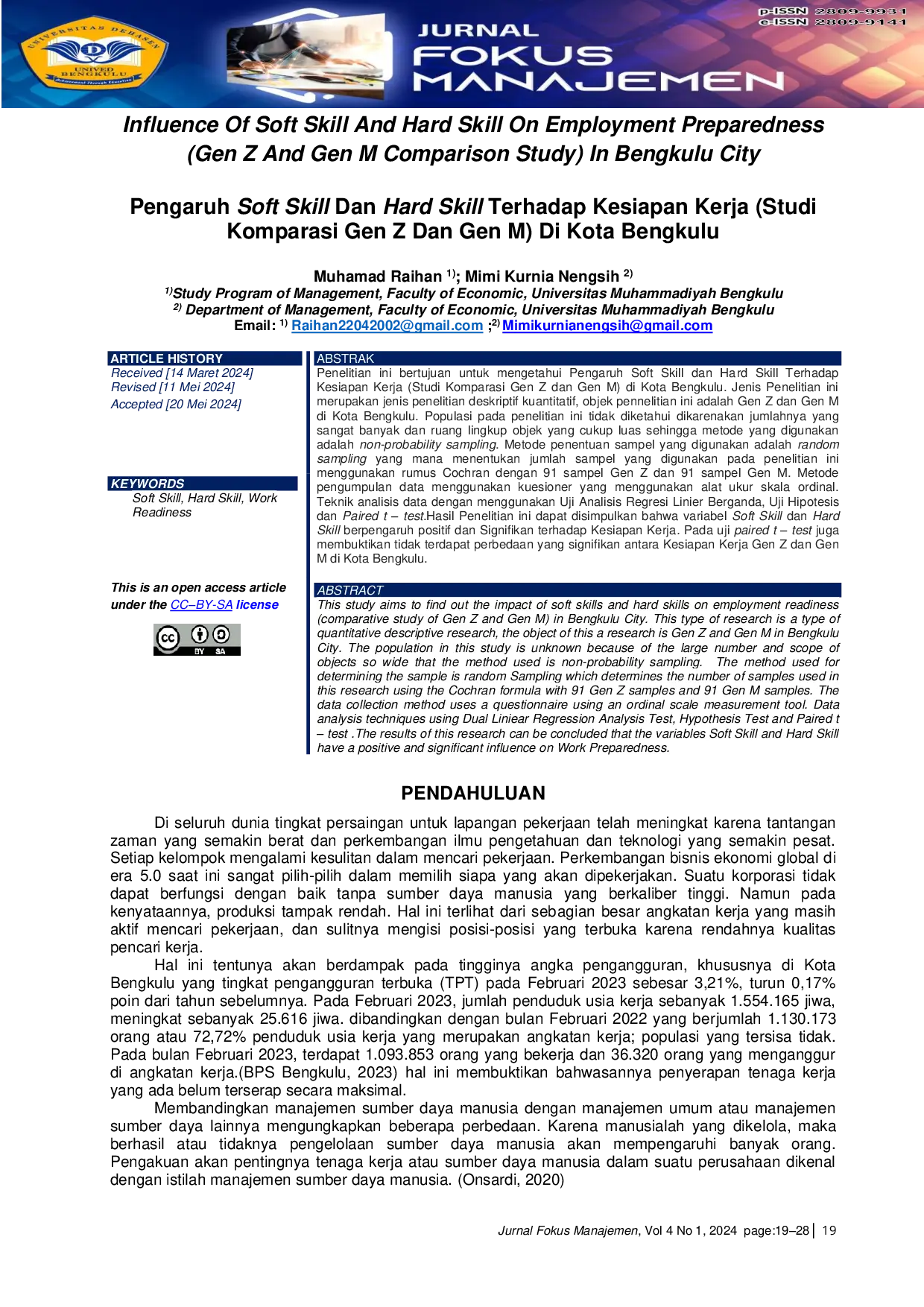 JURIS Pengaruh Soft Skill Dan Hard Skill Terhadap Kesiapan Kerja Studi Komparasi Gen Z Dan Gen M Di Kota Bengkulu